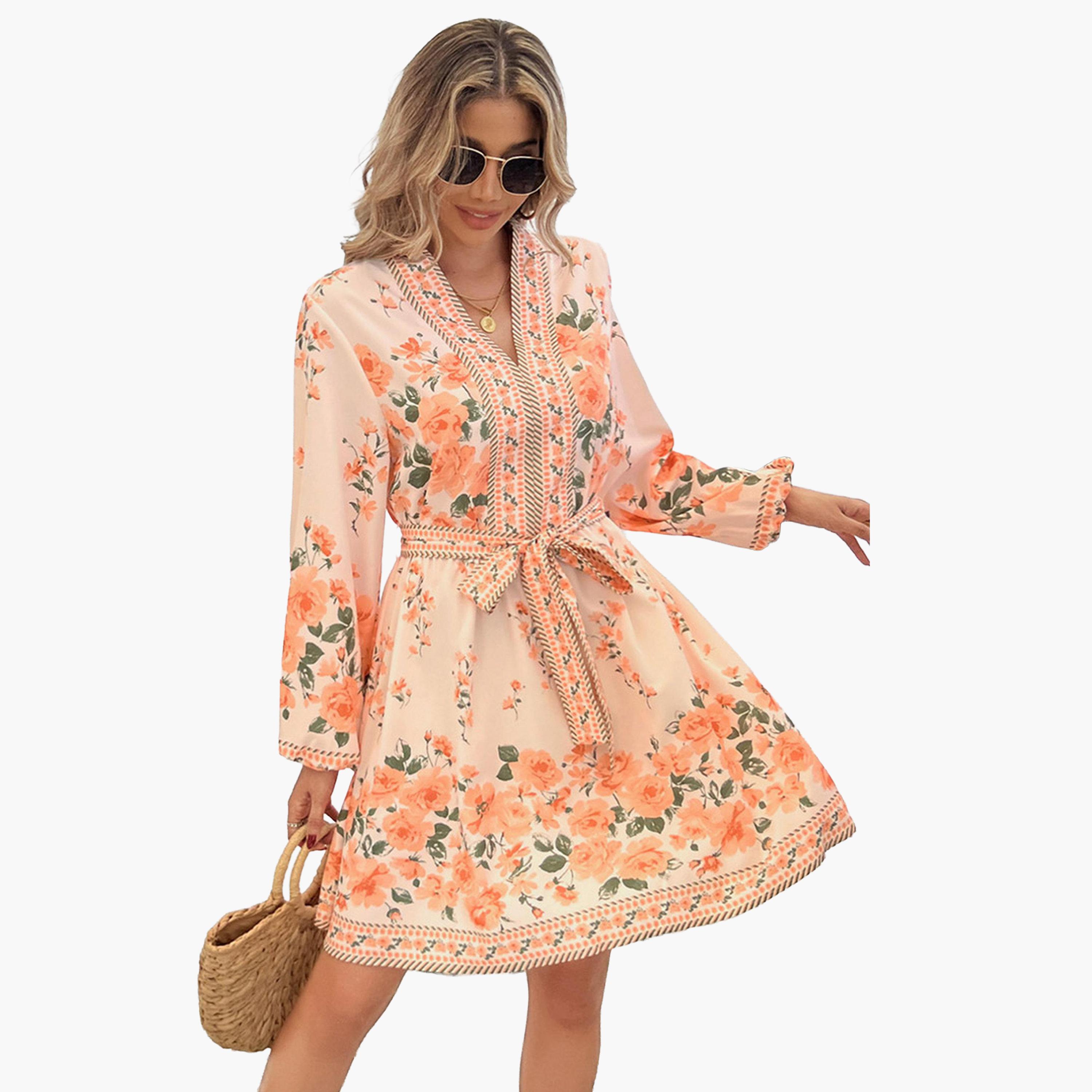 Take Two Women's Floral Printed Belted Detail Lantern Sleeve Mini Dress-women-clothing-dresses-image-2