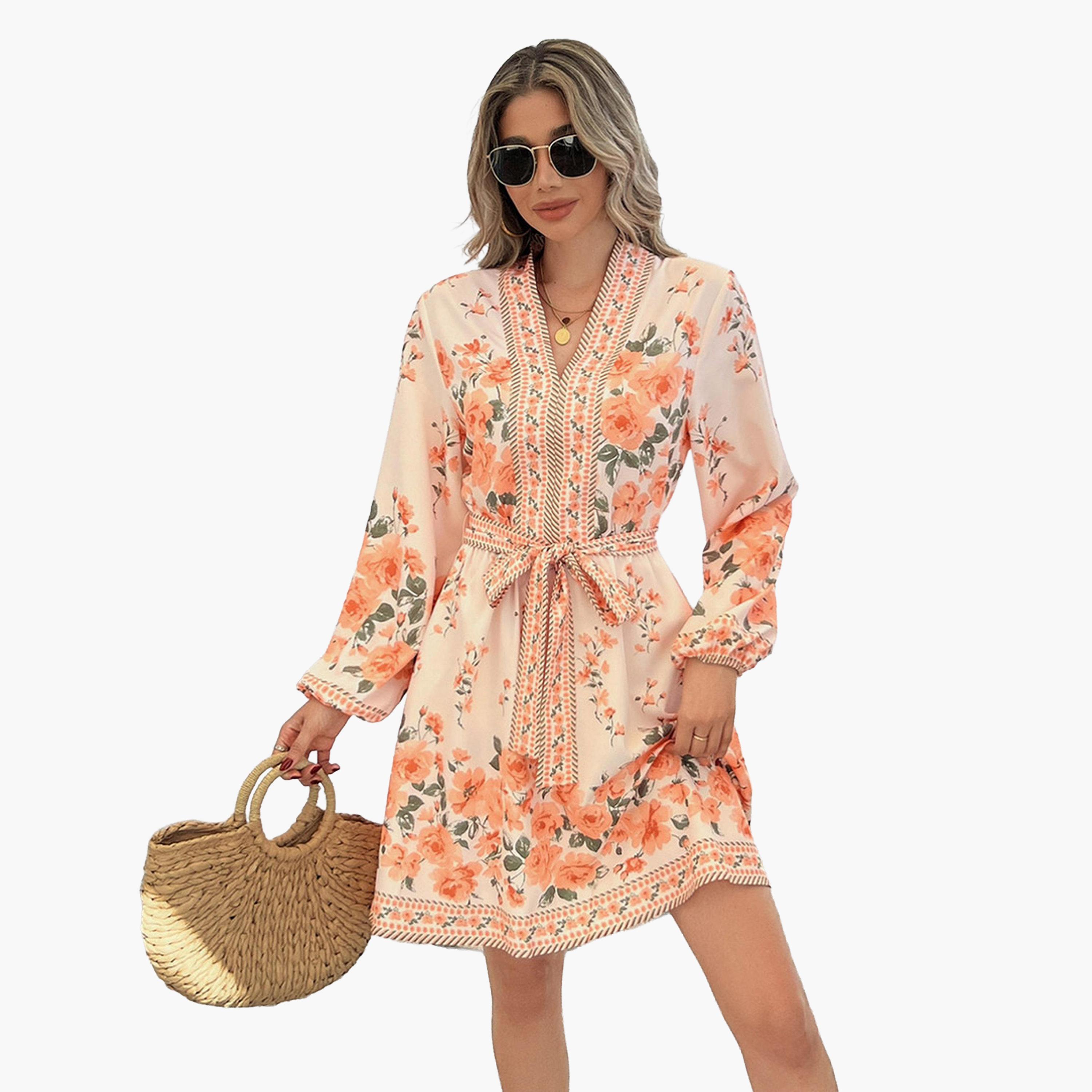 تيك تو - فستان قصير نسائي طبعة زهور بحزام وأكمام واسعة-women-clothing-dresses-image-3