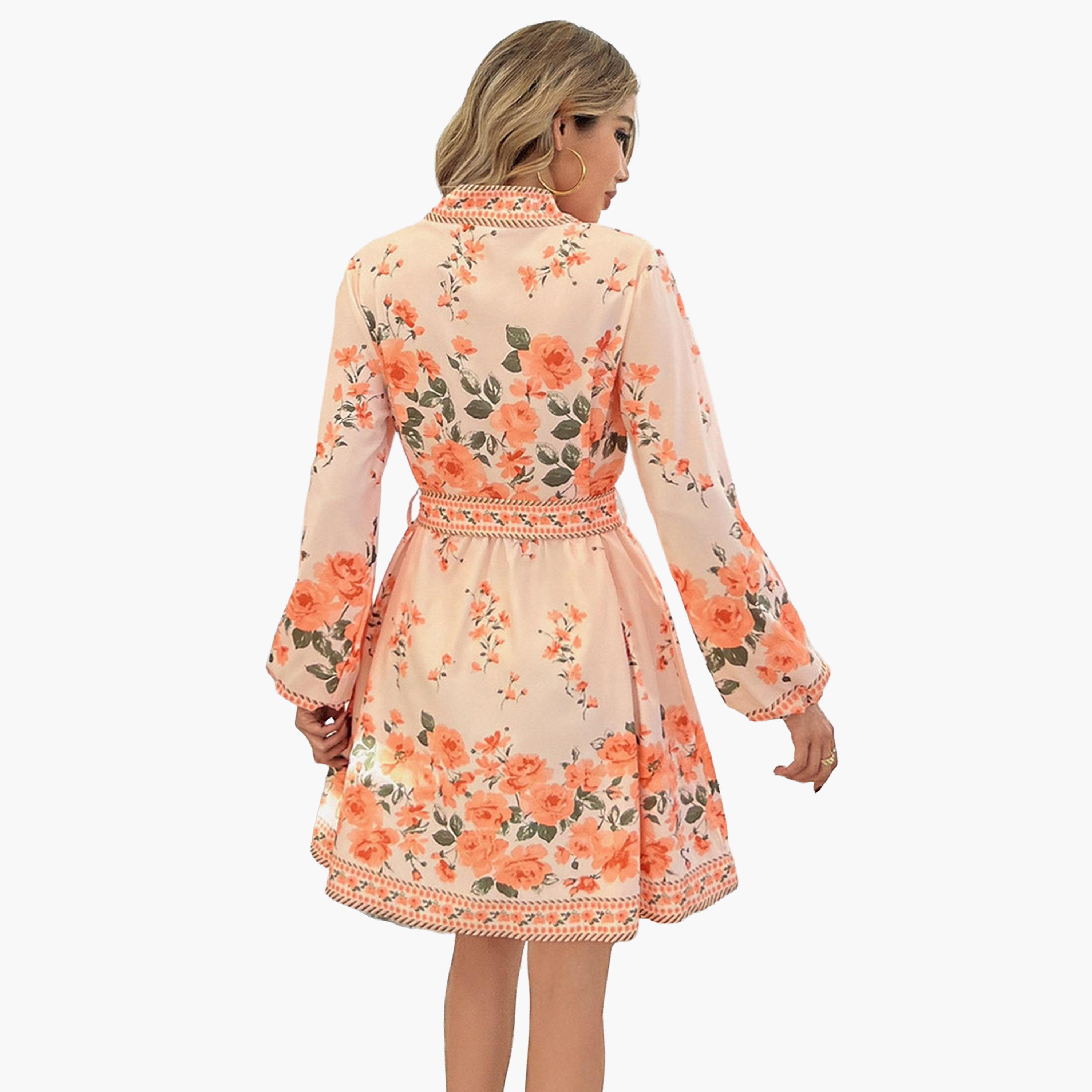 تيك تو - فستان قصير نسائي طبعة زهور بحزام وأكمام واسعة-women-clothing-dresses-image-4