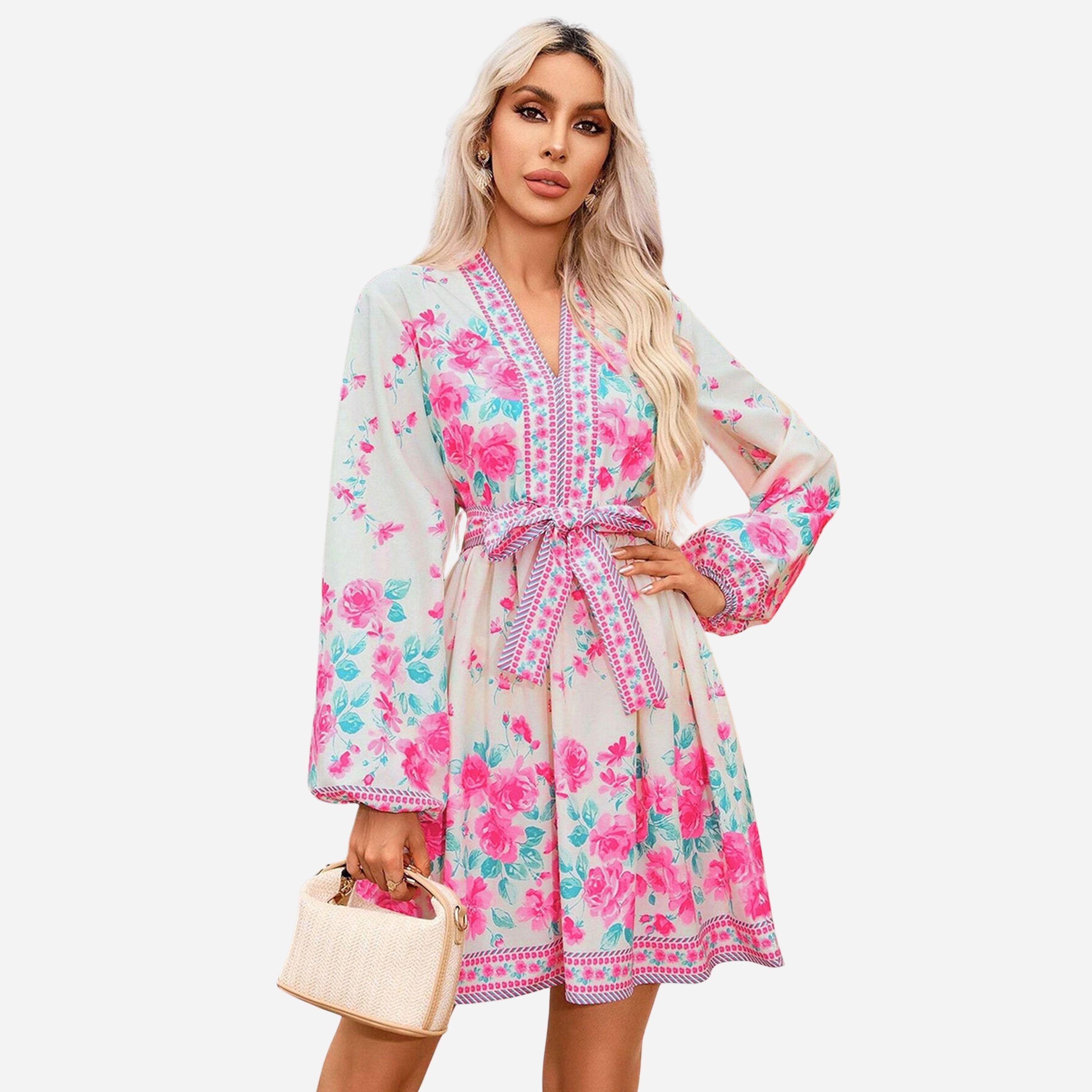 تيك تو - فستان قصير نسائي طبعة زهور بحزام وأكمام واسعة-women-clothing-dresses-image-1