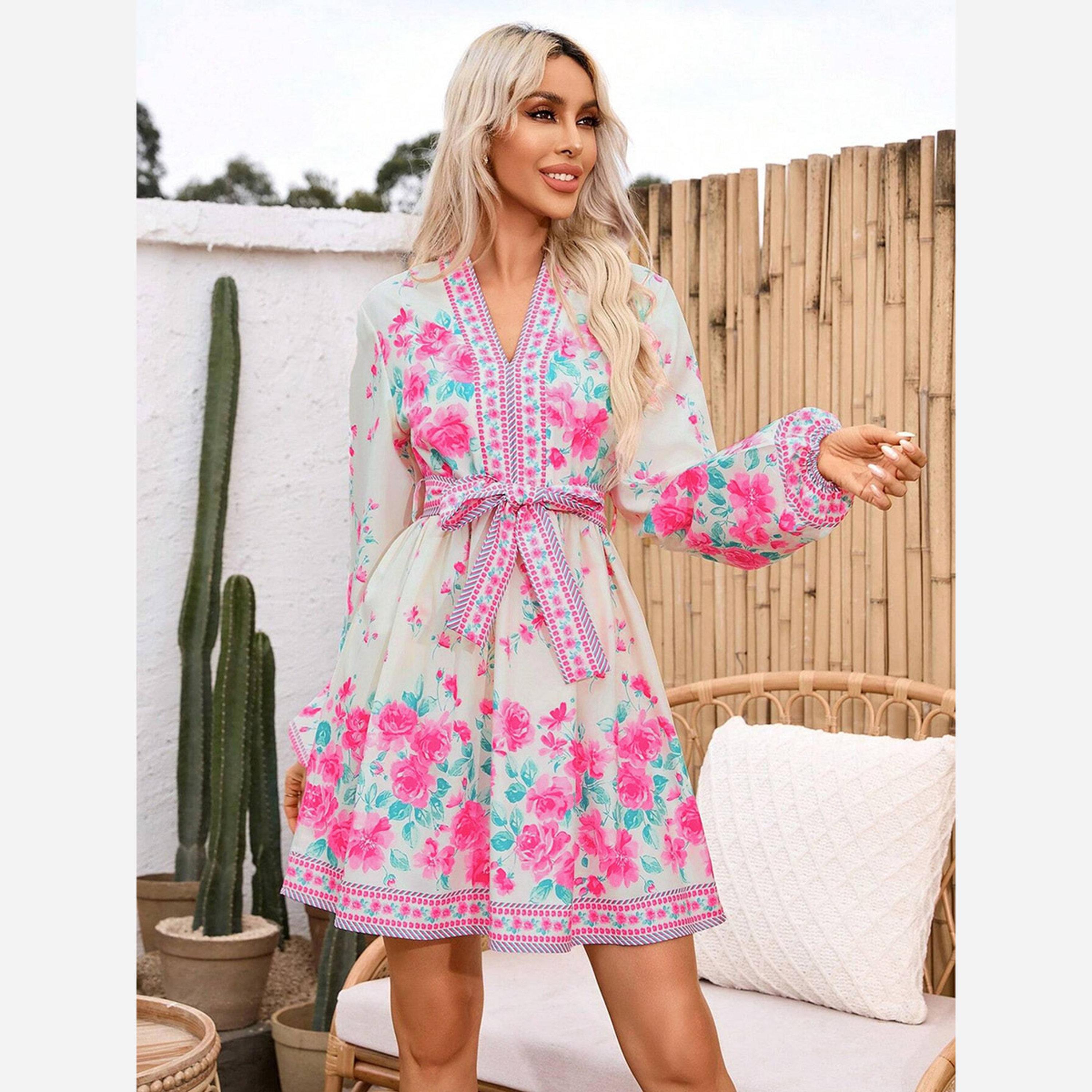 تيك تو - فستان قصير نسائي طبعة زهور بحزام وأكمام واسعة-women-clothing-dresses-image-2