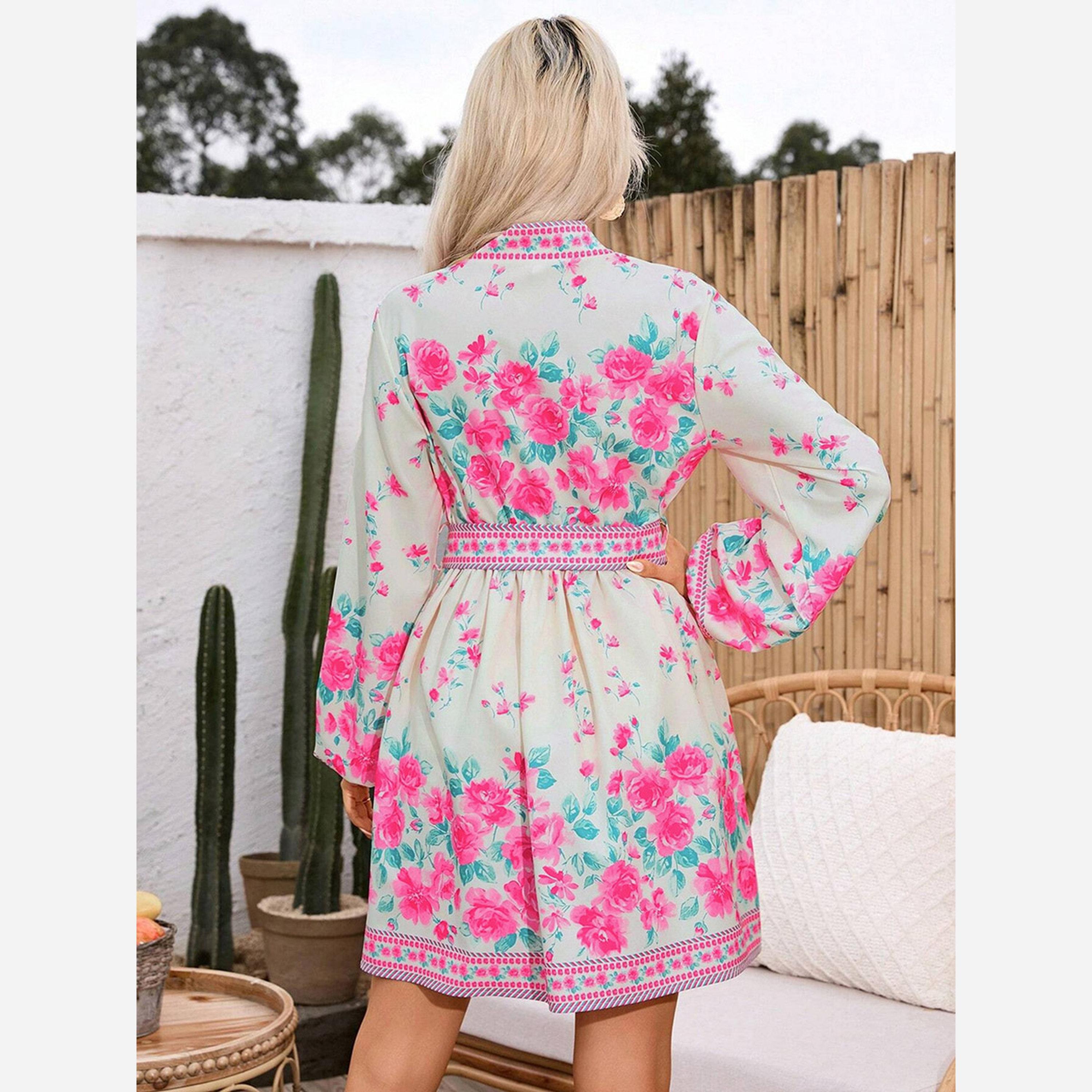 تيك تو - فستان قصير نسائي طبعة زهور بحزام وأكمام واسعة-women-clothing-dresses-image-4