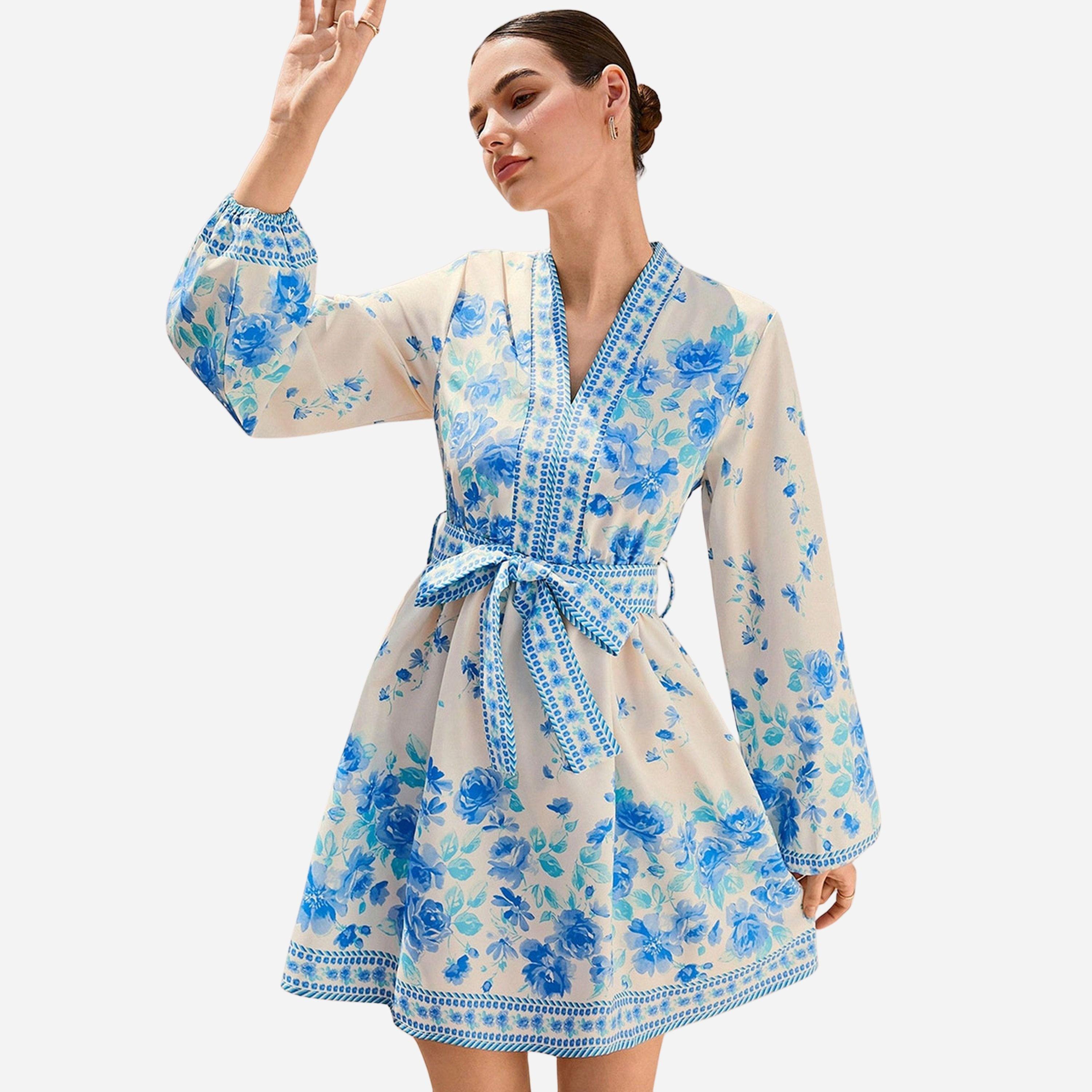 Take Two Women's Floral Printed Belted Detail Lantern Sleeve Mini Dress-women-clothing-dresses-image-1