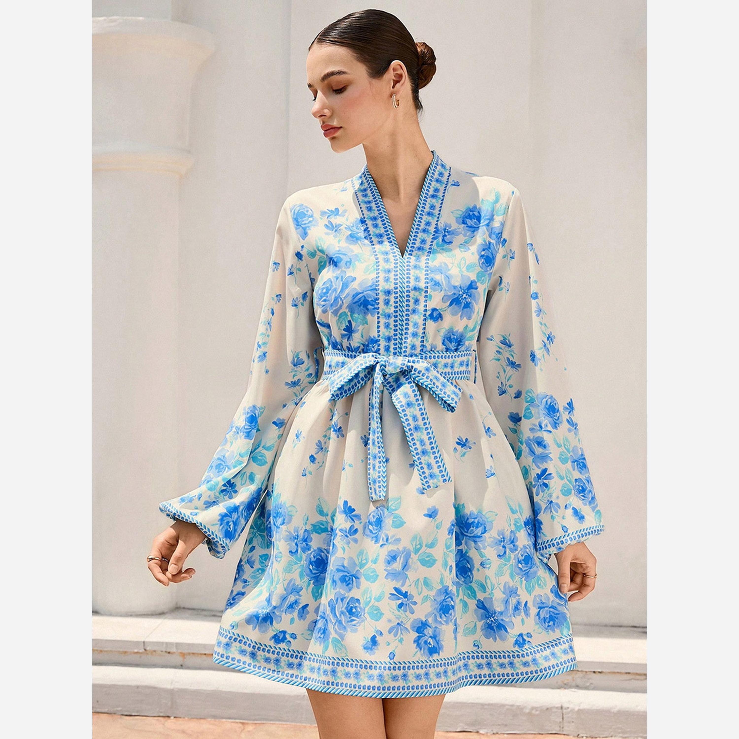 Take Two Women's Floral Printed Belted Detail Lantern Sleeve Mini Dress-women-clothing-dresses-image-2