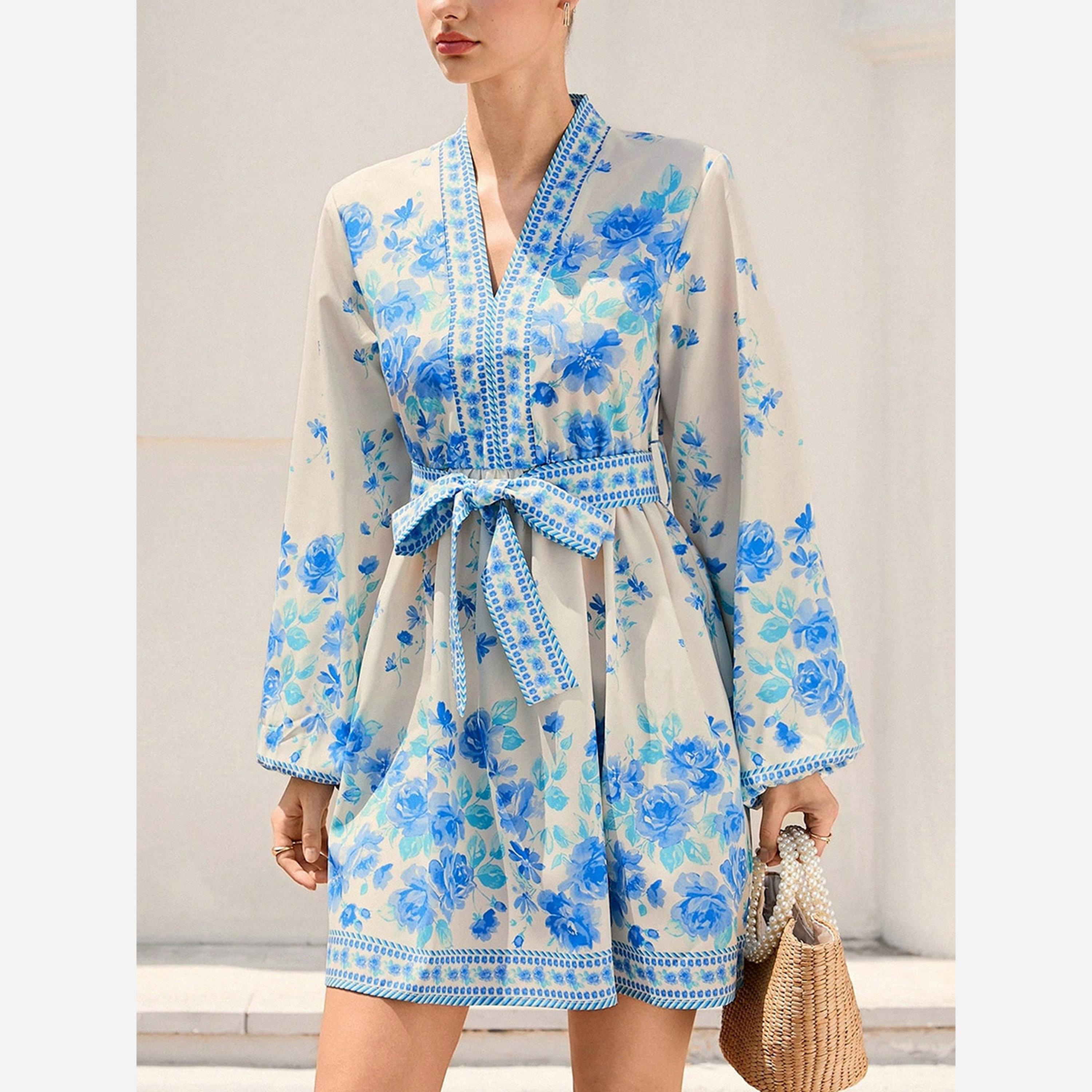 Take Two Women's Floral Printed Belted Detail Lantern Sleeve Mini Dress-women-clothing-dresses-image-3