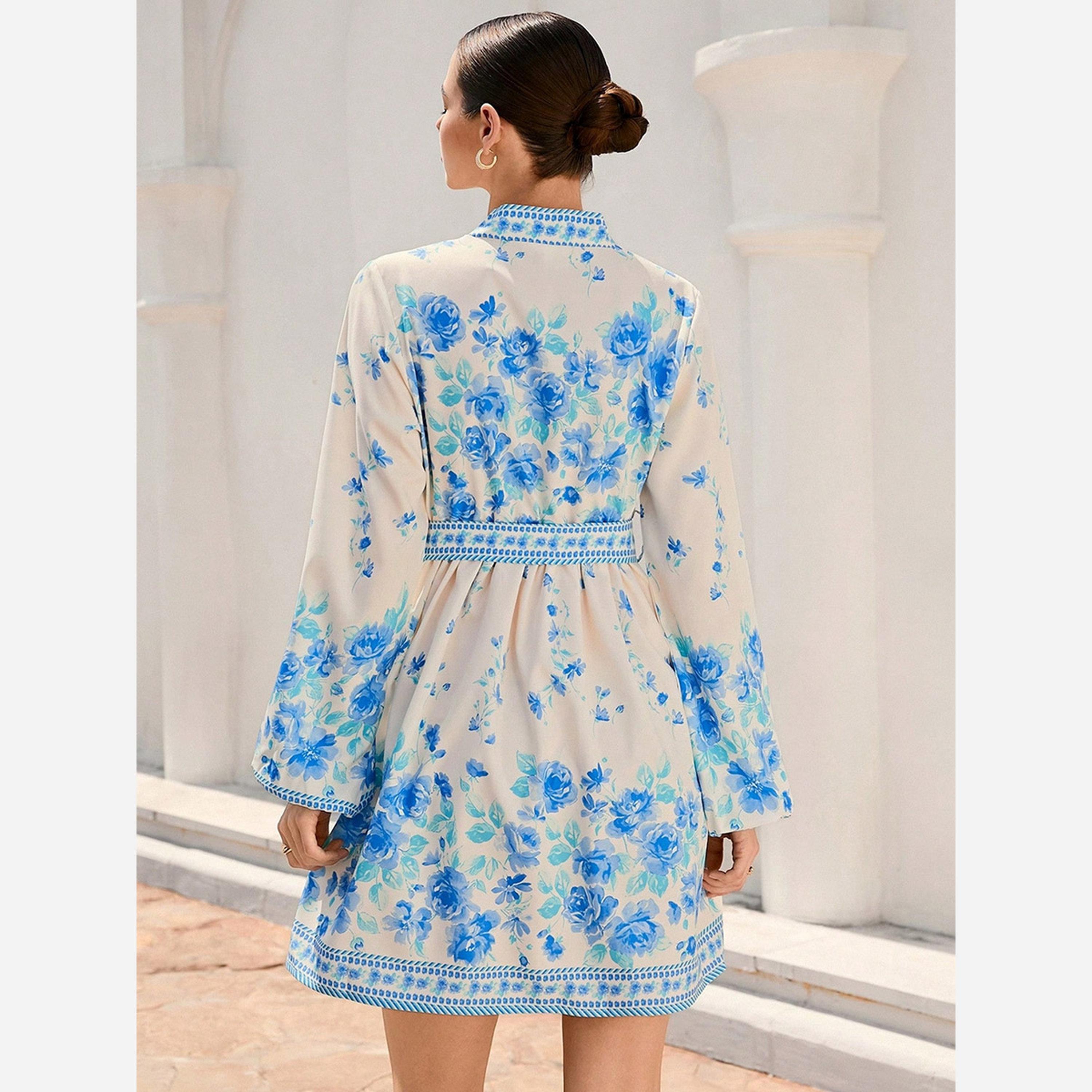 Take Two Women's Floral Printed Belted Detail Lantern Sleeve Mini Dress-women-clothing-dresses-image-4