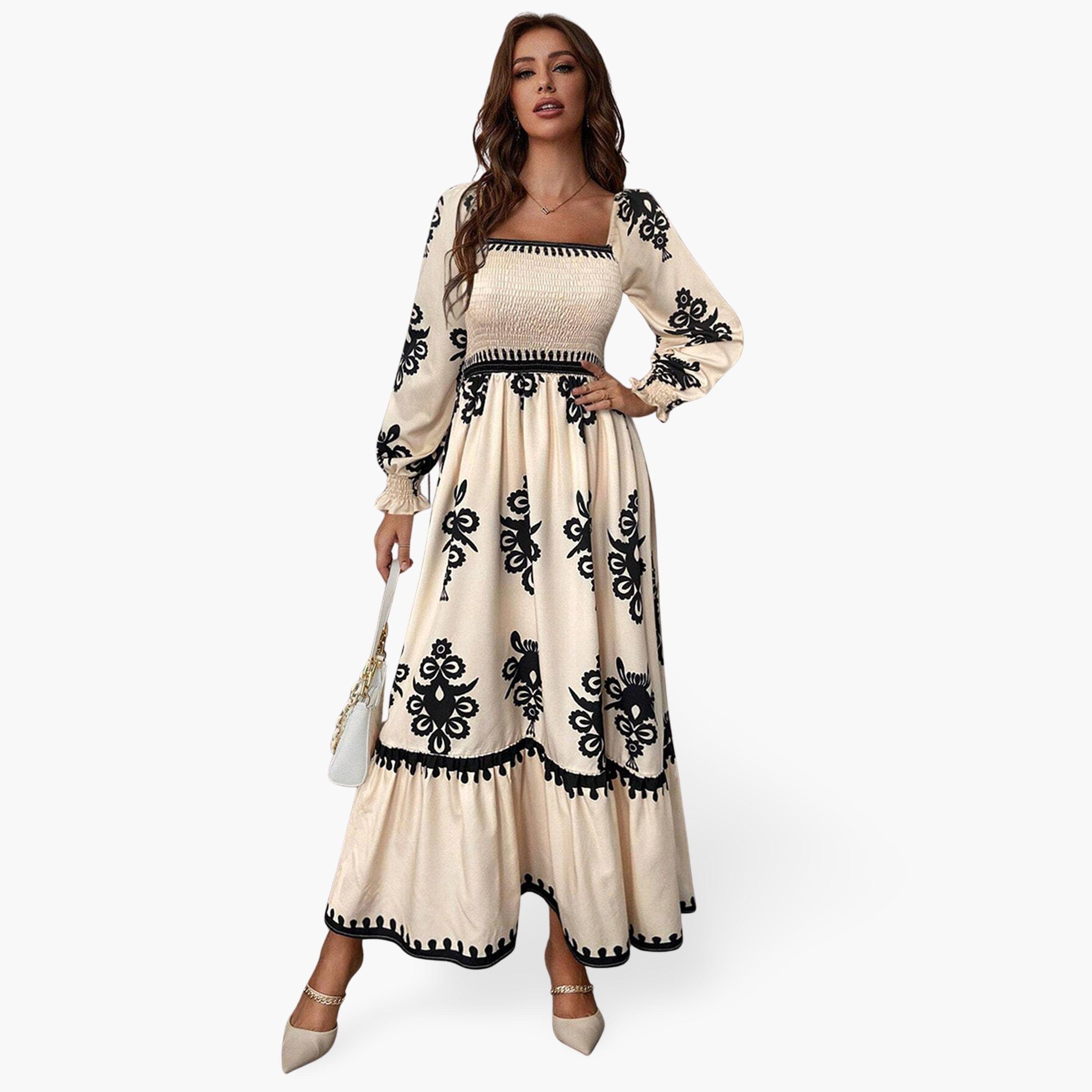 تيك تو - فستان ماكسي نسائي بيج بطبعة برقبة مربعة-women-clothing-dresses-image-1