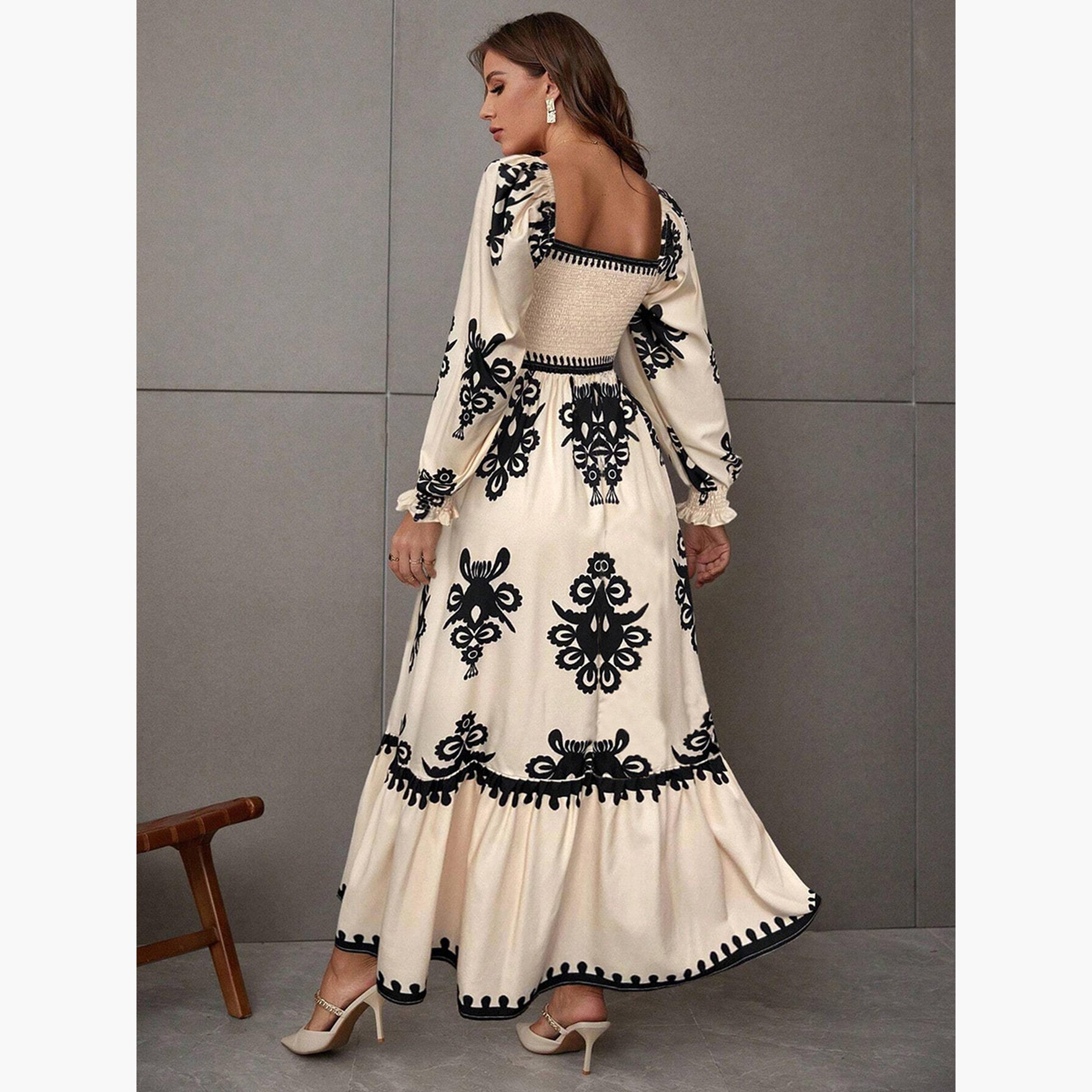 تيك تو - فستان ماكسي نسائي بيج بطبعة برقبة مربعة-women-clothing-dresses-image-2