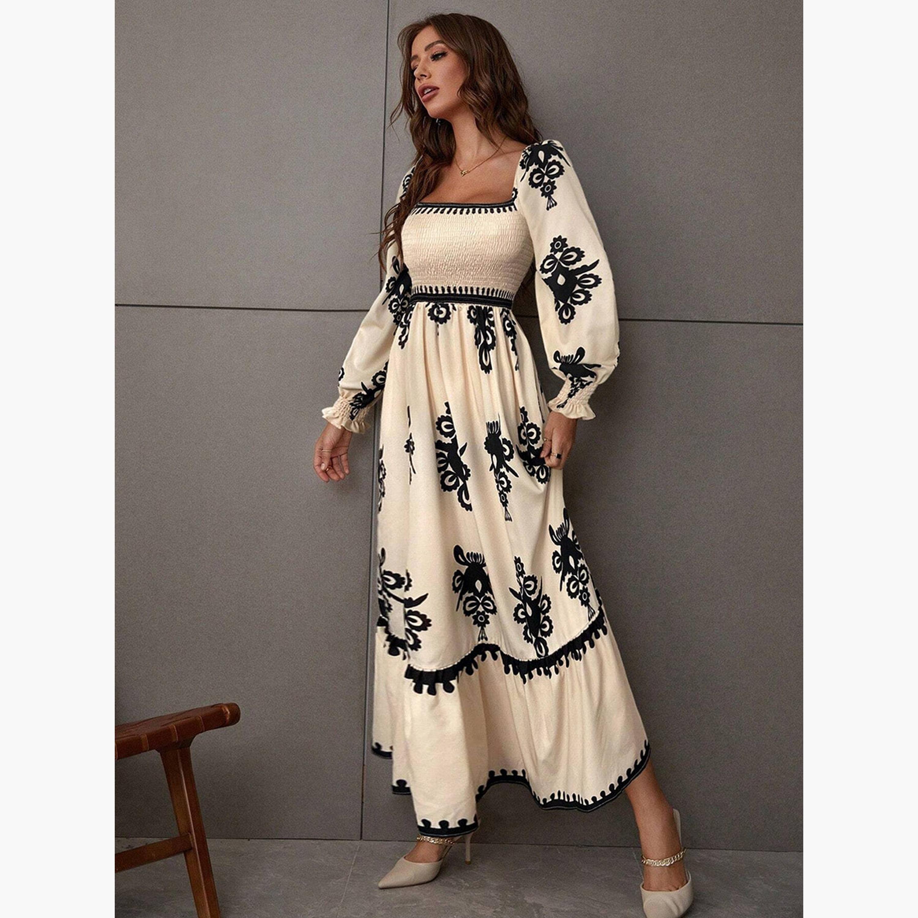 تيك تو - فستان ماكسي نسائي بيج بطبعة برقبة مربعة-women-clothing-dresses-image-3