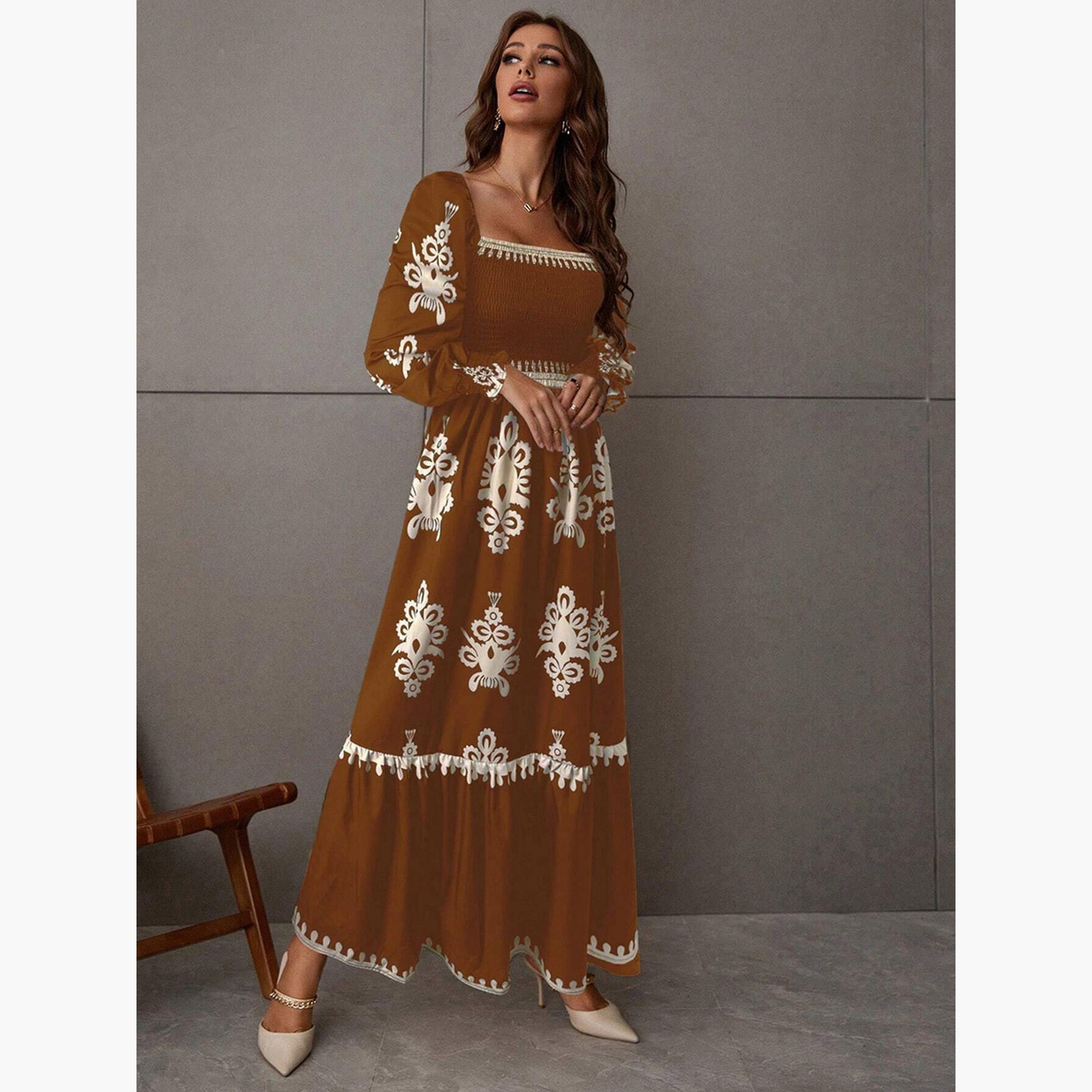 Take Two Women Bronze Printed Square Neck Maxi Dress-women-clothing-dresses-image-3