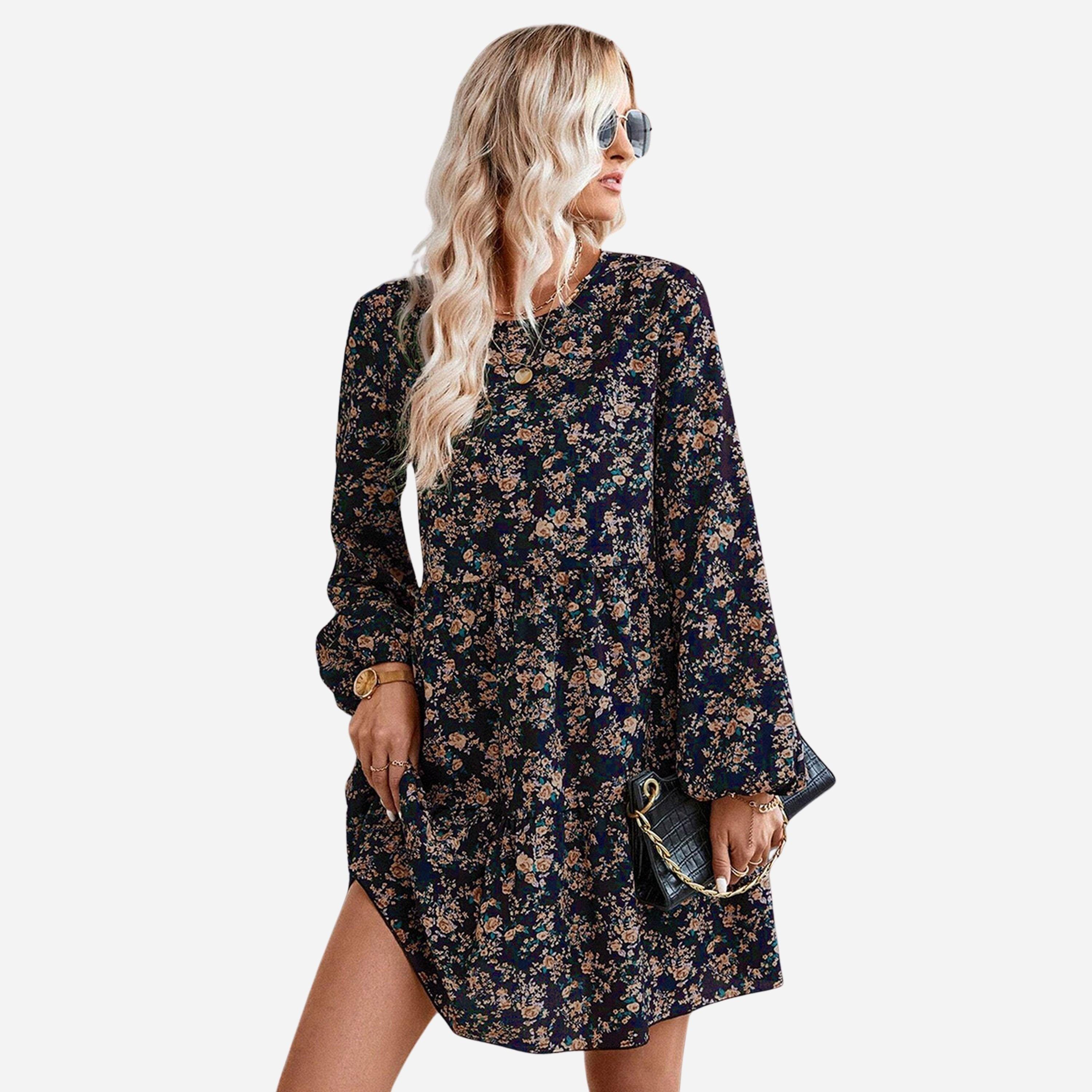 تيك تو - فستان قصير نسائي طبعة بالكامل ياقة دائرية وأكمام طويلة-women-clothing-dresses-image-1