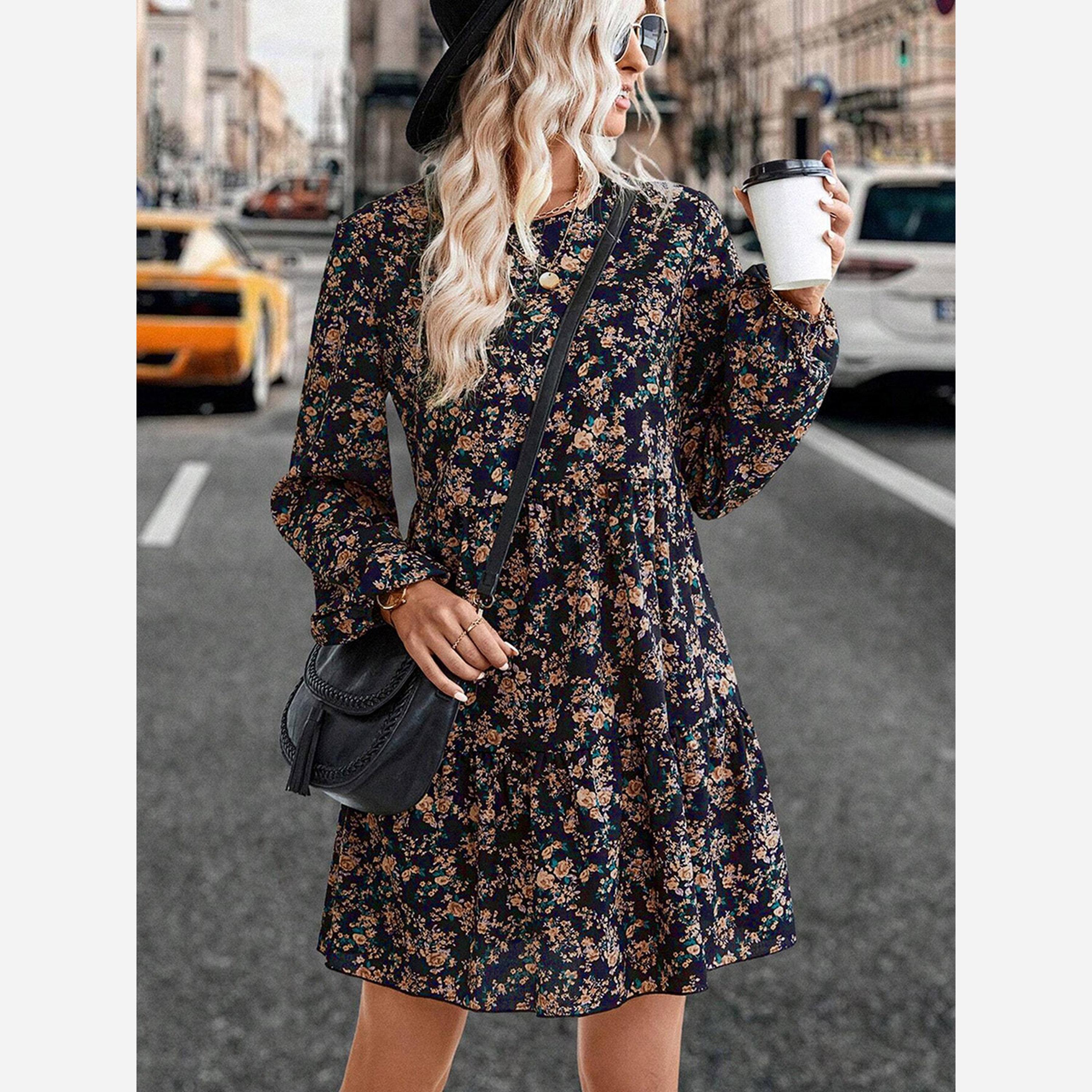 تيك تو - فستان قصير نسائي طبعة بالكامل ياقة دائرية وأكمام طويلة-women-clothing-dresses-image-2