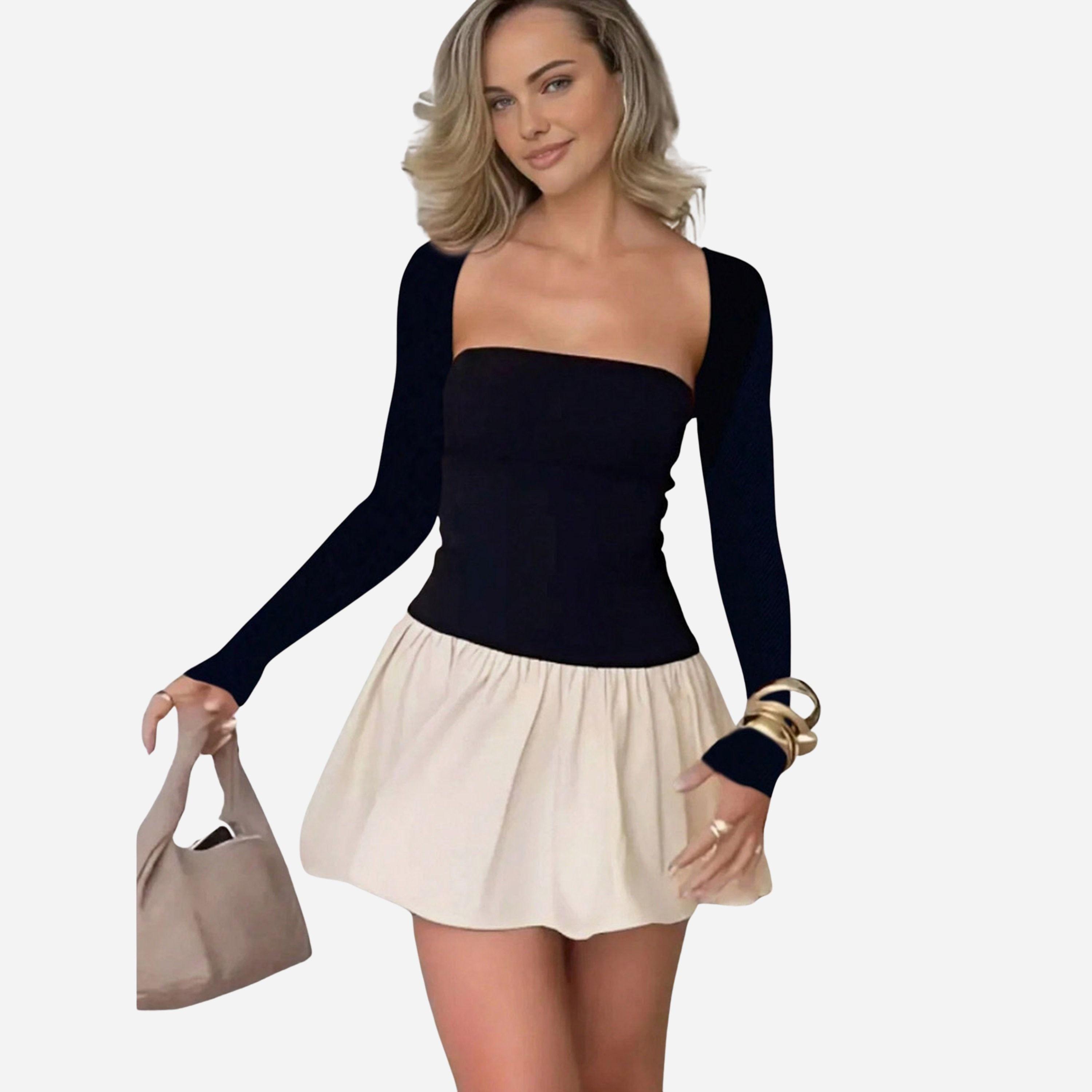 تيك تو - فستان قصير نسائي ذو ياقة مربعة وألوان متداخلة-women-clothing-dresses-image-1
