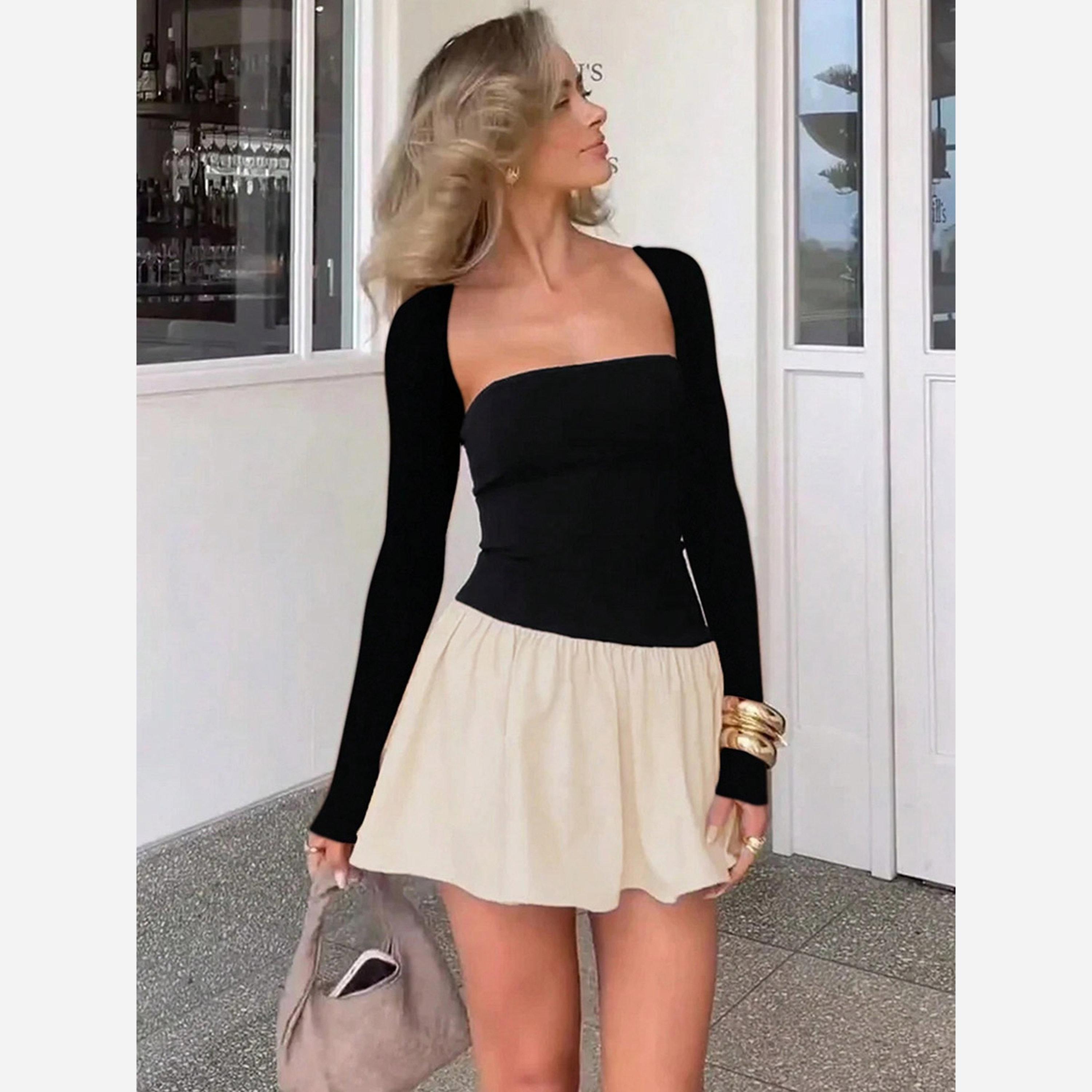 تيك تو - فستان قصير نسائي ذو ياقة مربعة وألوان متداخلة-women-clothing-dresses-image-4