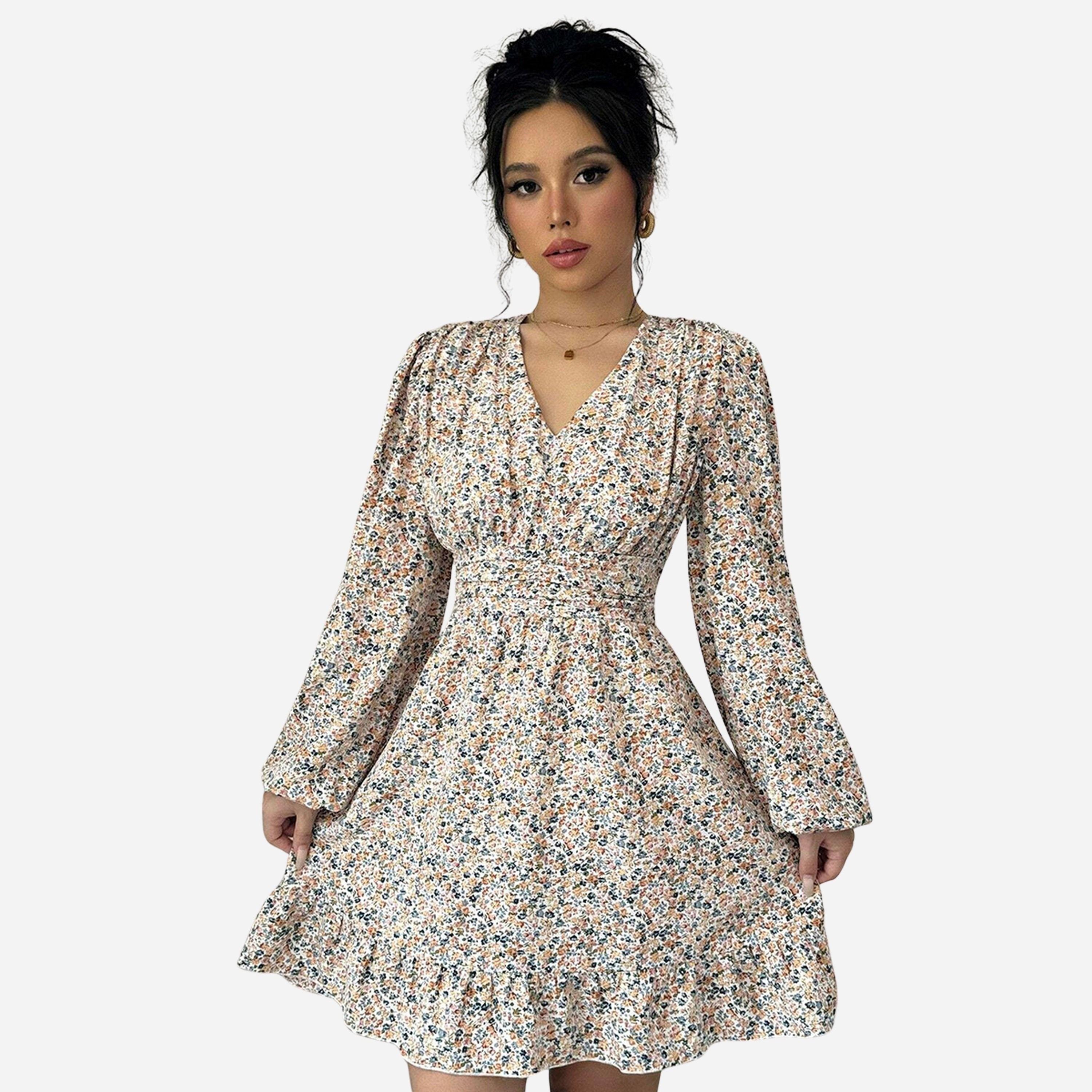 تيك تو - فستان قصير نسائي طبعة بالكامل ياقة شكل سبعة وأكمام واسعة-women-clothing-dresses-image-1