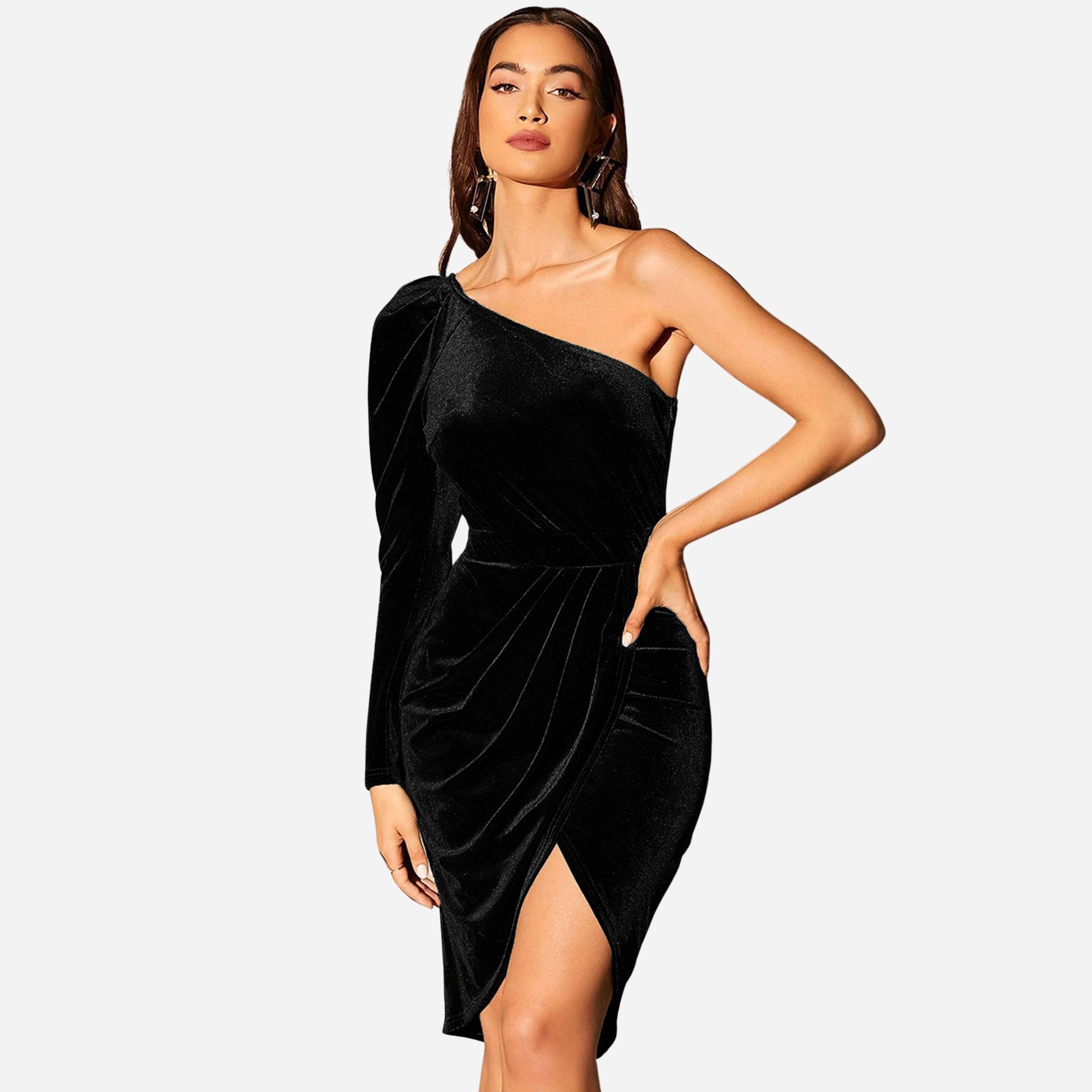 Take Two Women's Solid One Shoulder Pleated Detail Velvet Mini Dress-women-clothing-dresses-image-1