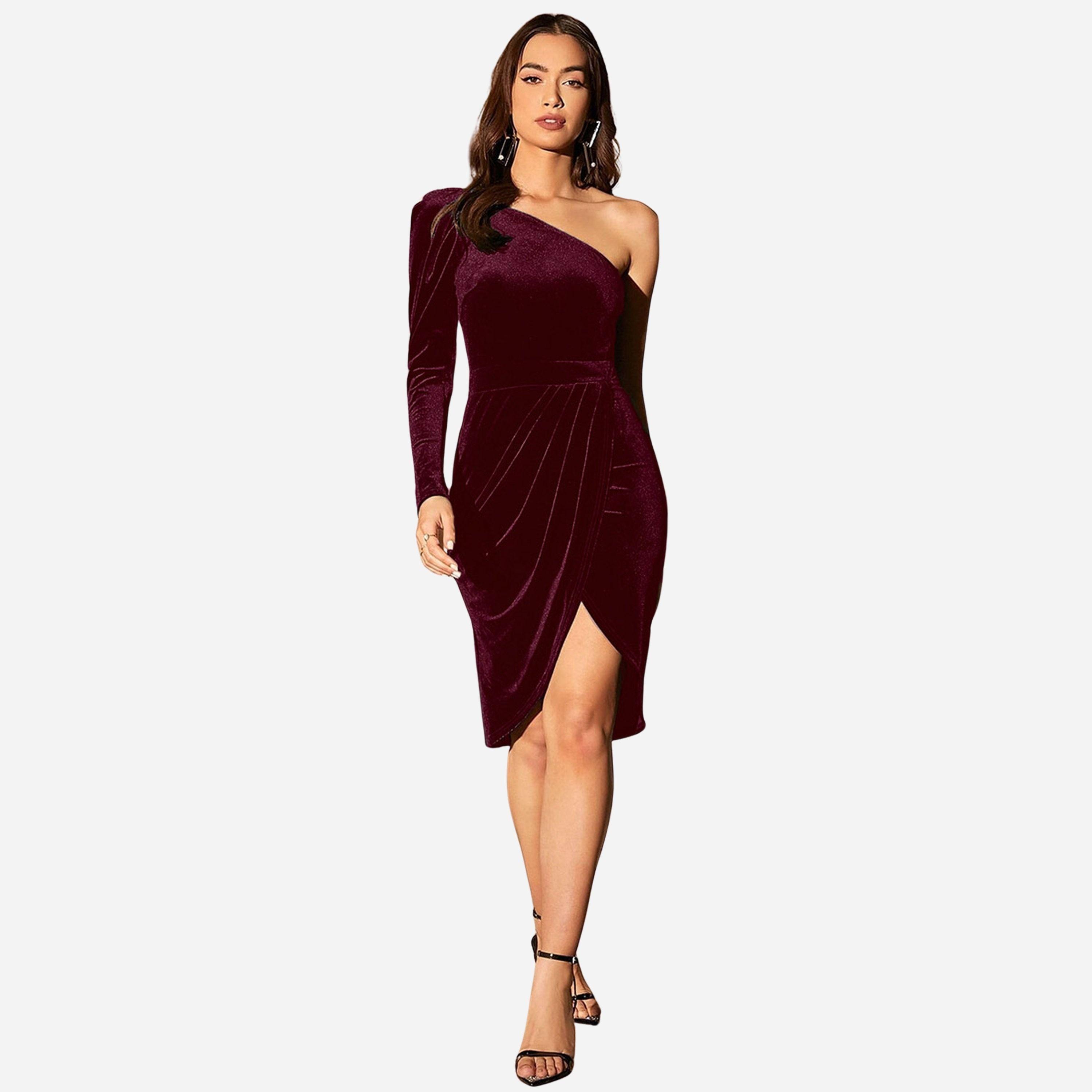 تيك تو - فستان قصير مخمل سادة بكتف واحد وطيات للنساء-women-clothing-dresses-image-1