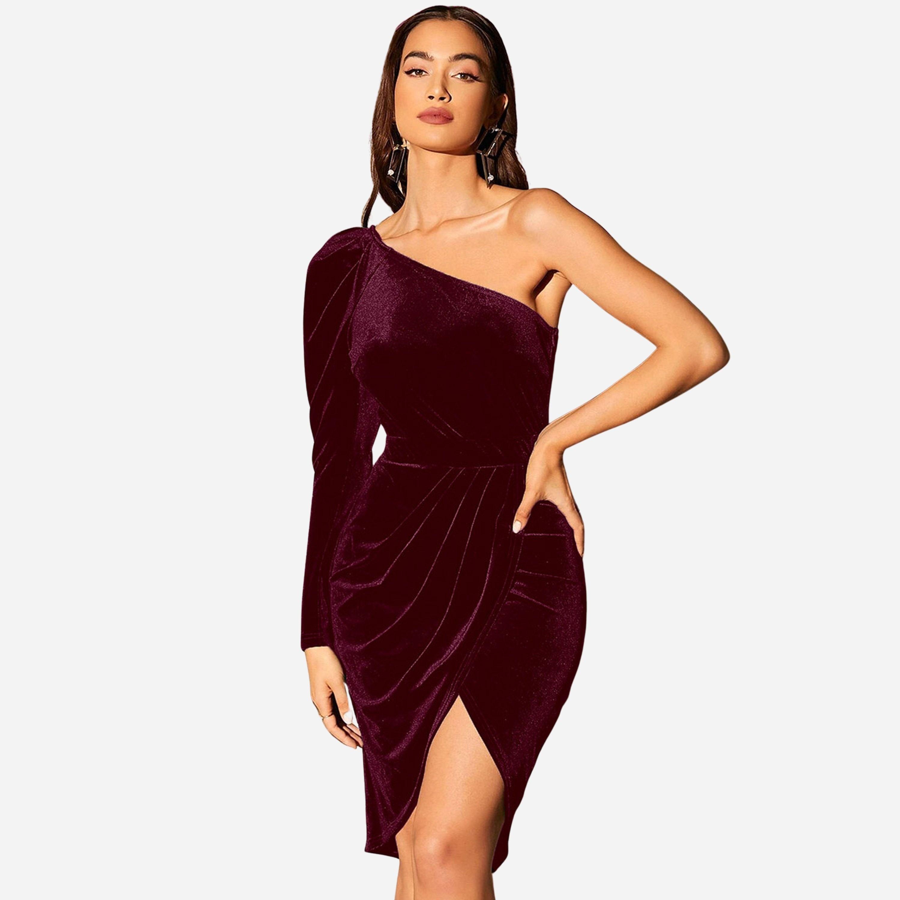 تيك تو - فستان قصير مخمل سادة بكتف واحد وطيات للنساء-women-clothing-dresses-image-2