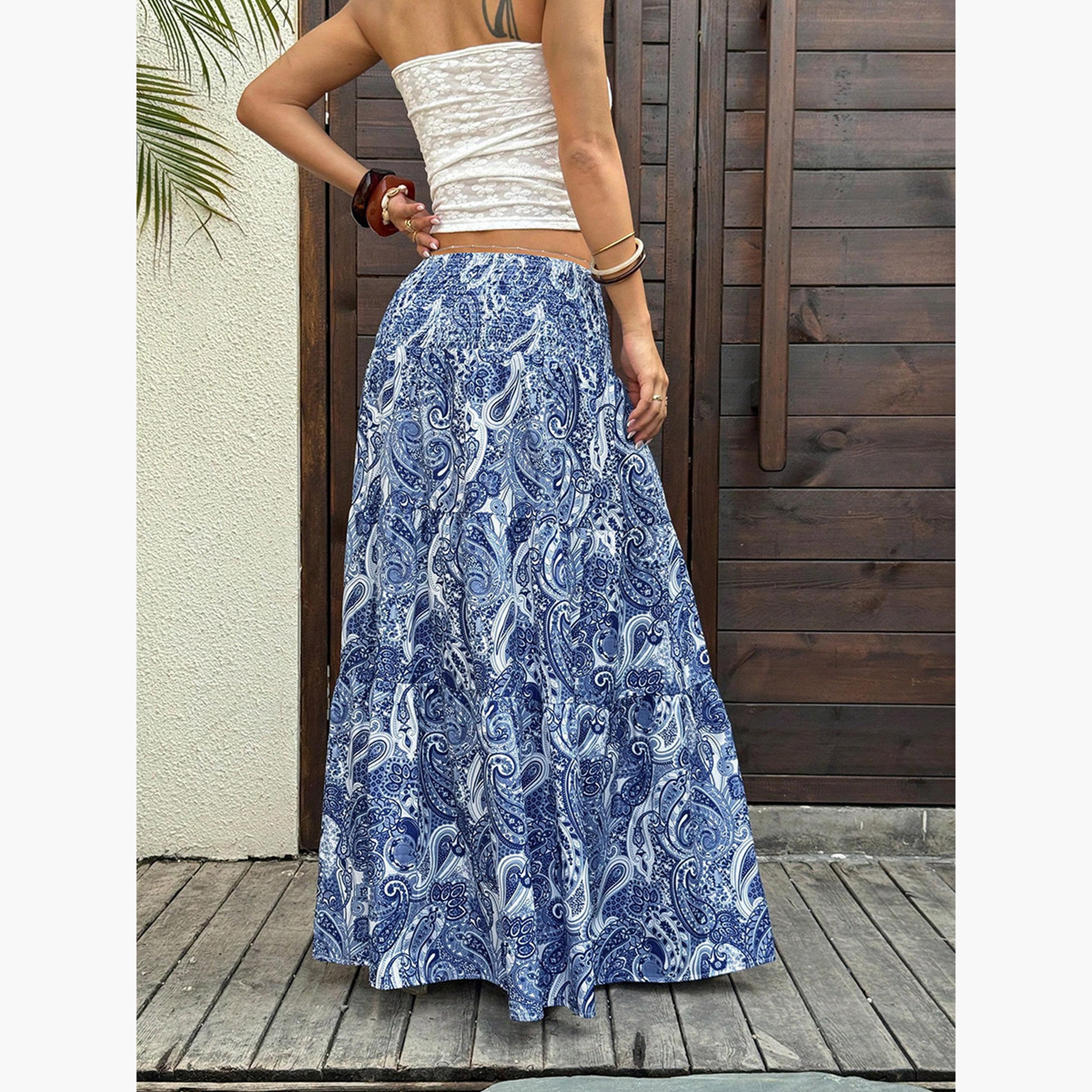 تيك تو - تنورة ماكسي نسائية زرقاء بنقشة بيزلي-women-clothing-bottoms-skirts-image-2