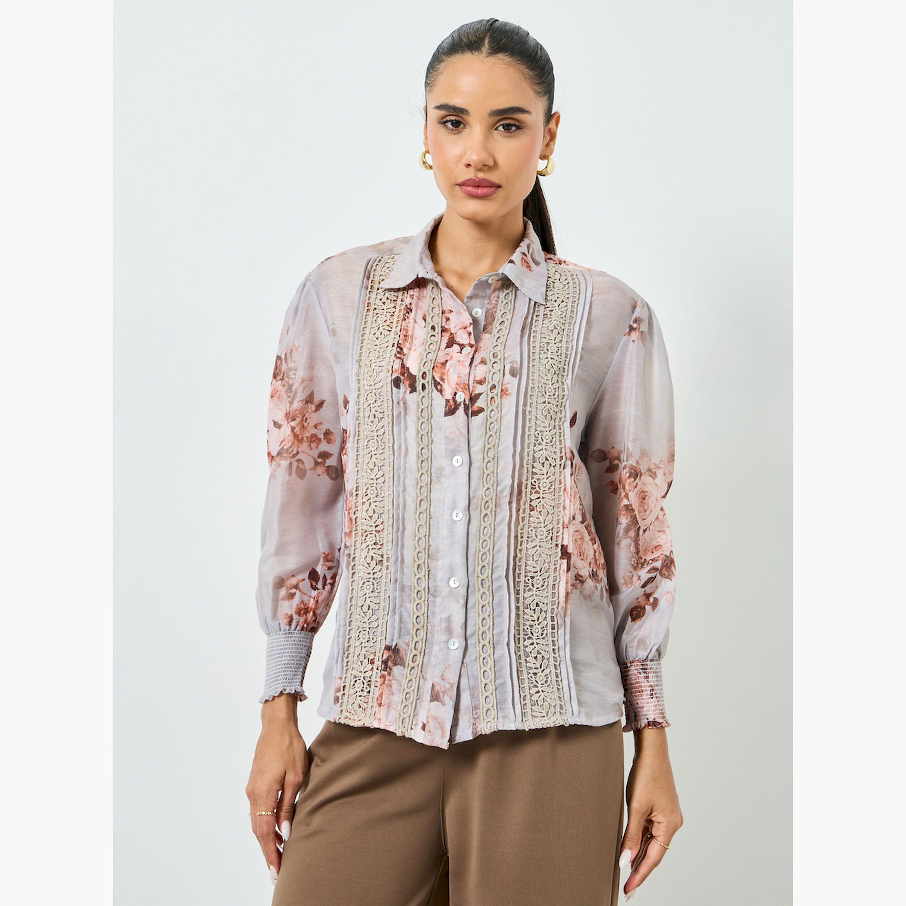 قميص بنقشة الزهور وحواف دانتيل وأكمام طويلة-women-clothing-shirtsandblouses-shirts-image-1
