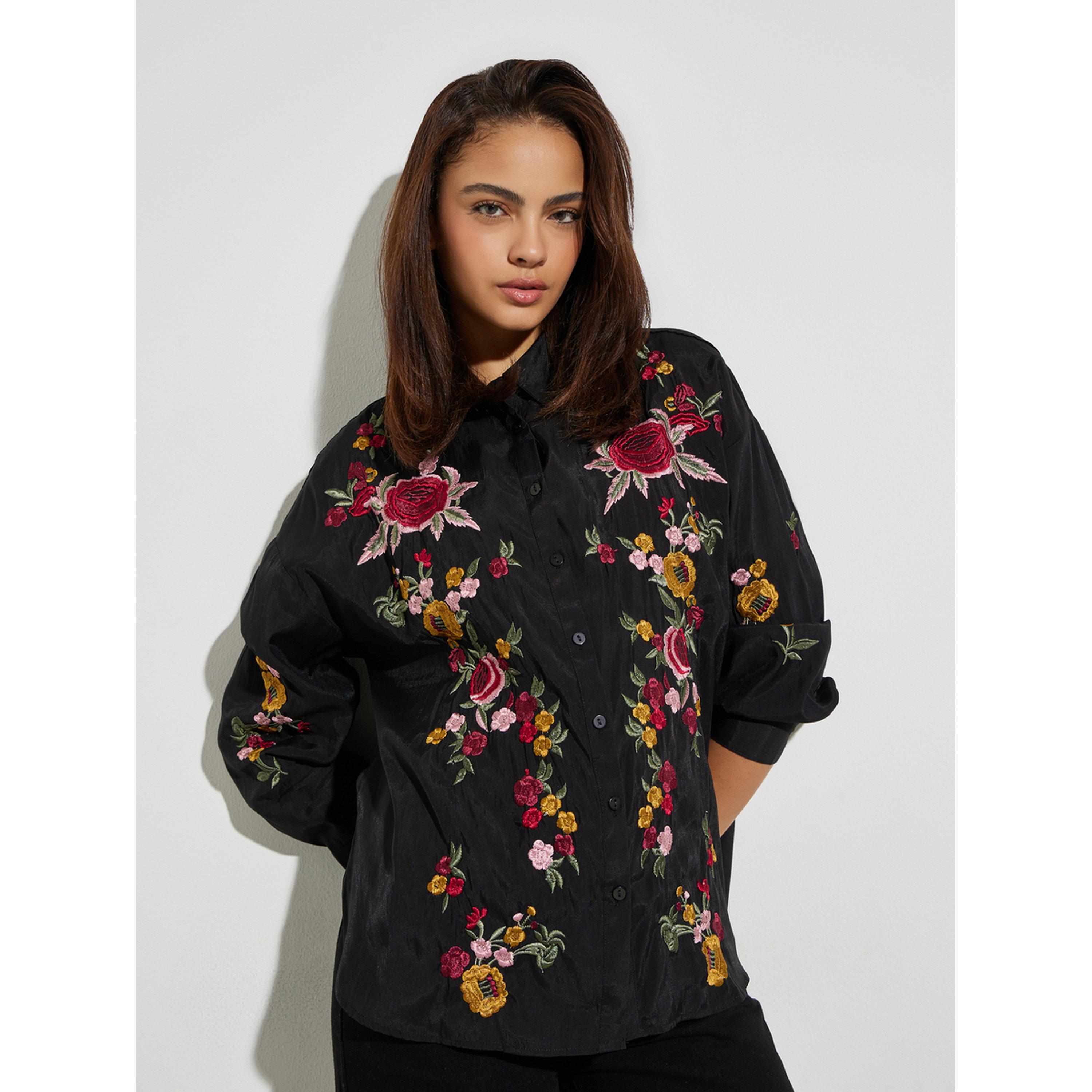Styli Black Floral Embroidered Long Sleeve Shirt-women-clothing-shirtsandblouses-shirts-image-3