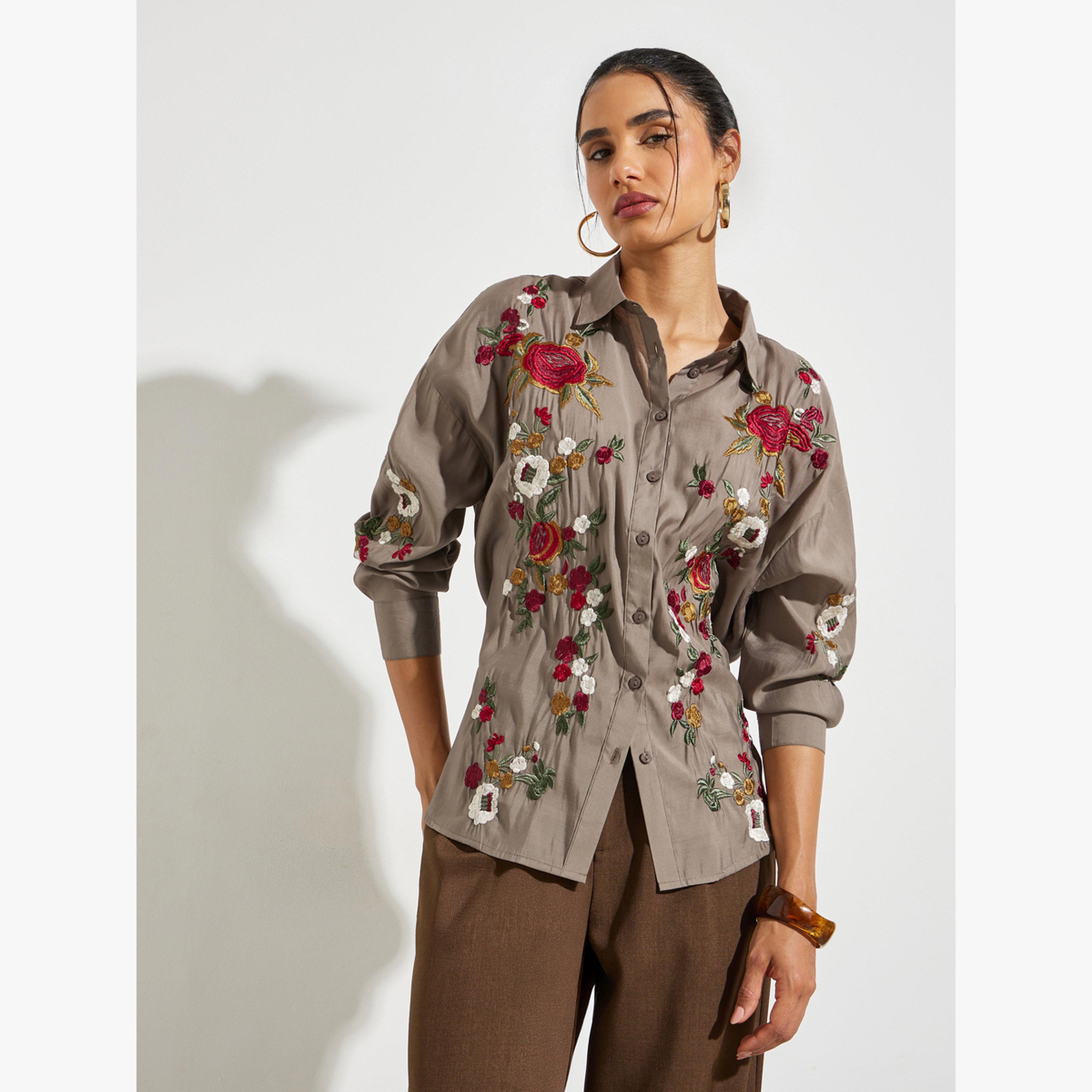 Styli Brown Floral Embroidered Long Sleeve Shirt-women-clothing-shirtsandblouses-shirts-image-1