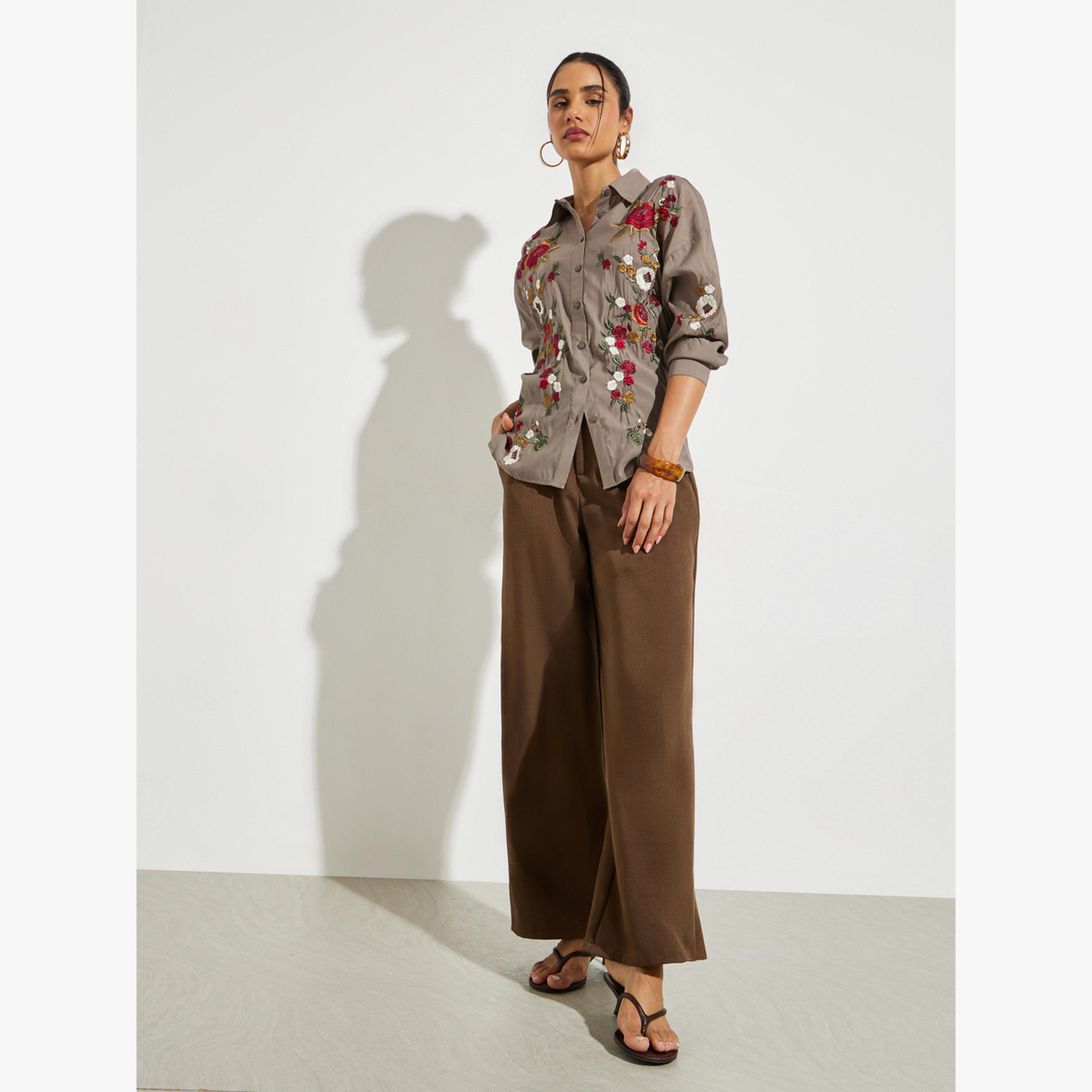 Styli Brown Floral Embroidered Long Sleeve Shirt-women-clothing-shirtsandblouses-shirts-image-2