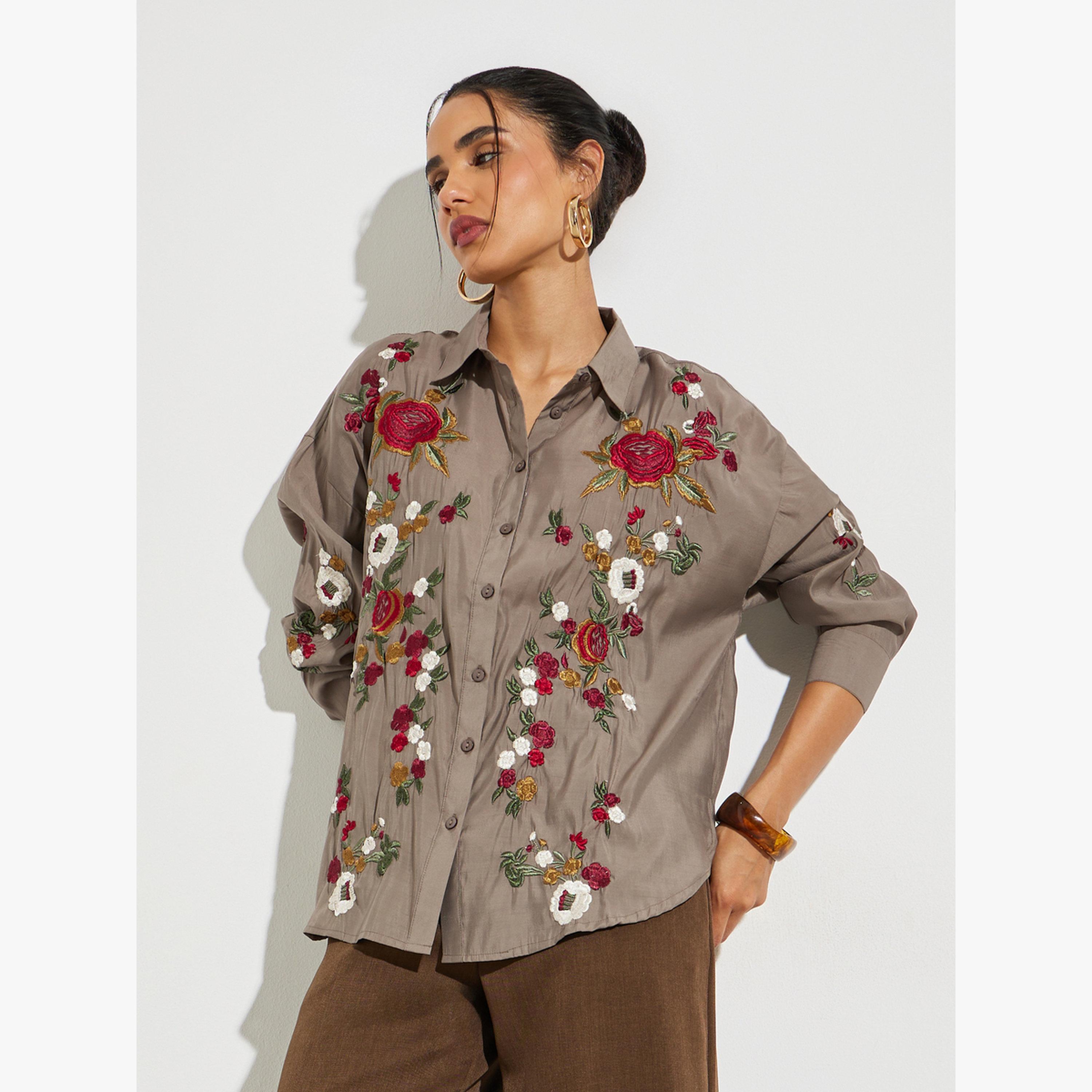 Styli Brown Floral Embroidered Long Sleeve Shirt-women-clothing-shirtsandblouses-shirts-image-3