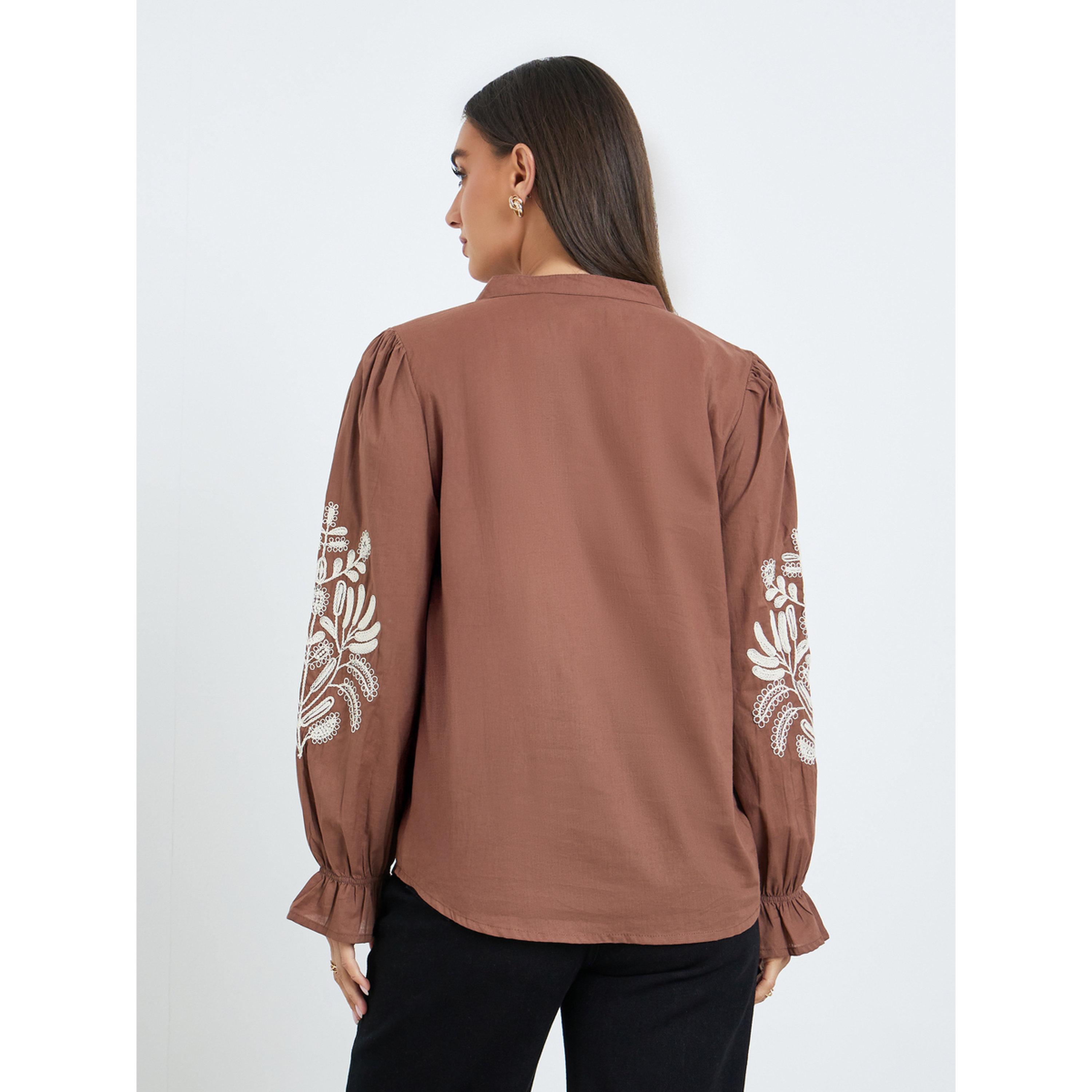 Styli Women Brown Embroidered Long Sleeve Shirt-women-clothing-shirtsandblouses-blouses-image-4