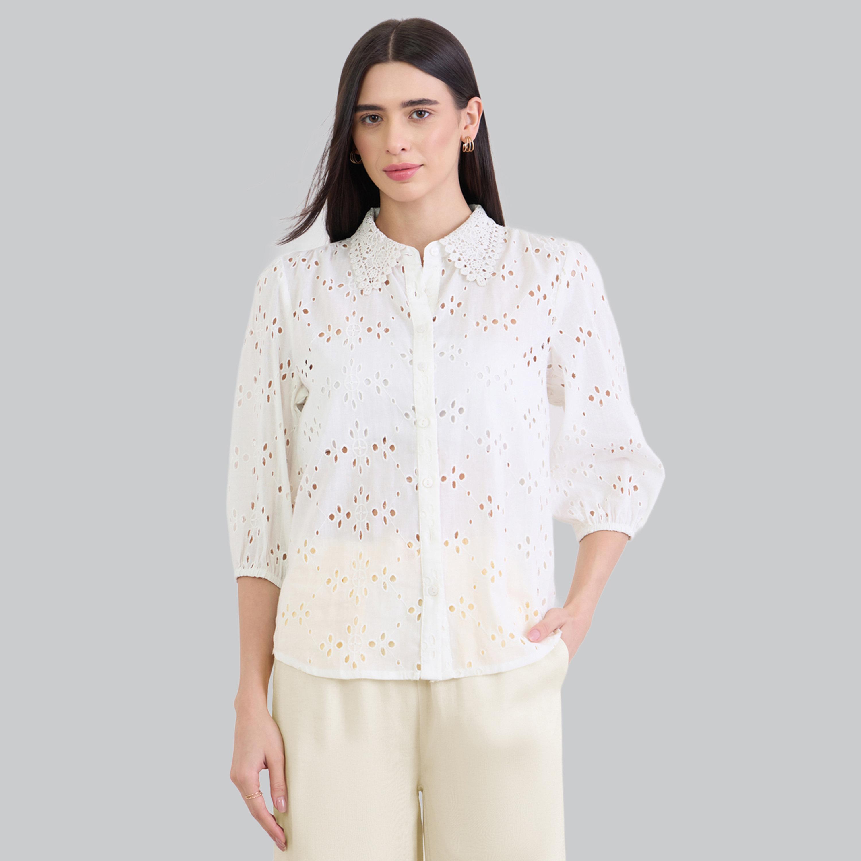 Styli Off White Floral Embroidered Shirt with Lace Collar-women-clothing-shirtsandblouses-shirts-image-1