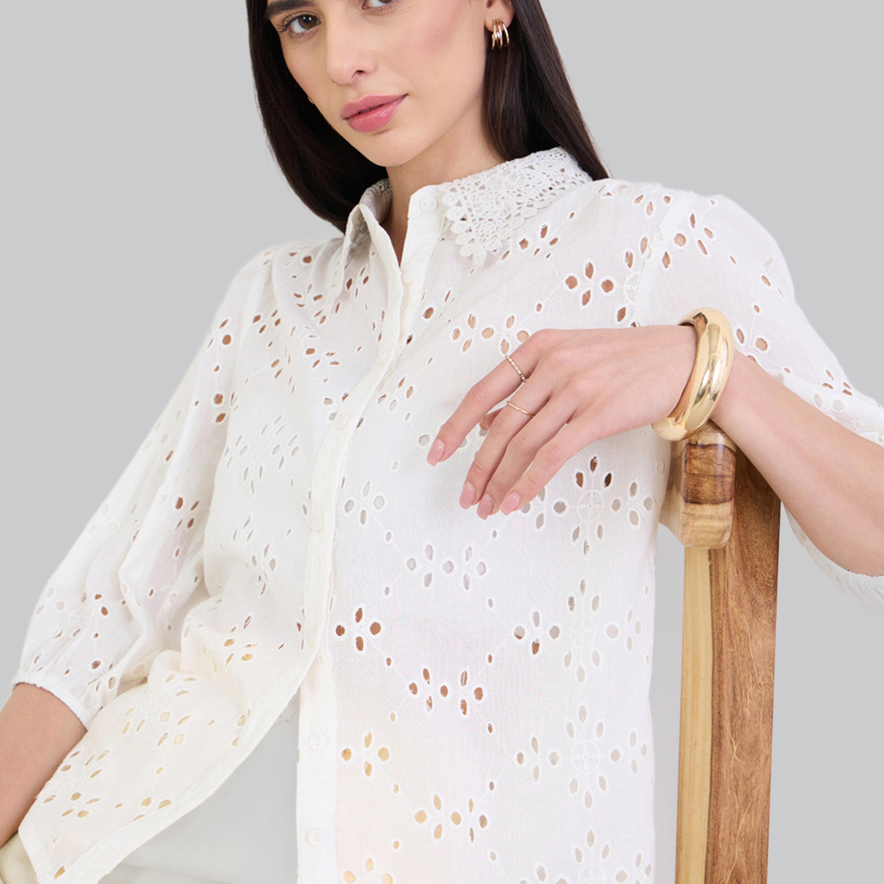 Styli Off White Floral Embroidered Shirt with Lace Collar-women-clothing-shirtsandblouses-shirts-image-3