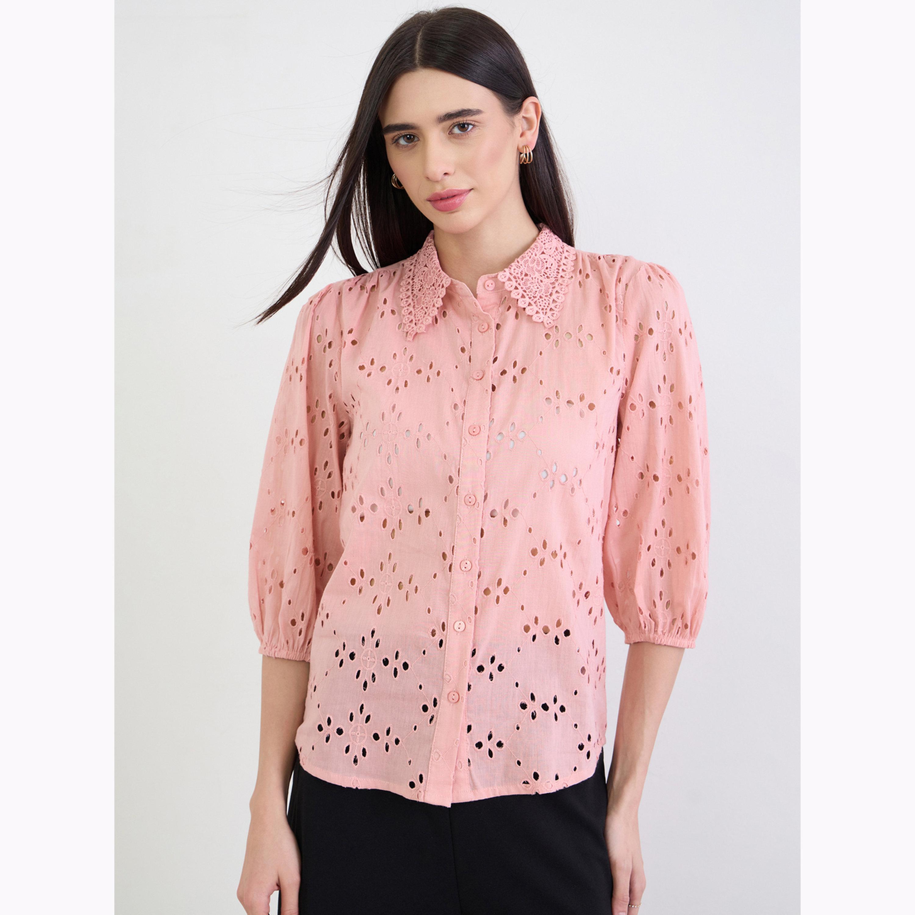 Styli Pink Floral Embroidered Shirt with Lace Collar-women-clothing-shirtsandblouses-shirts-image-1