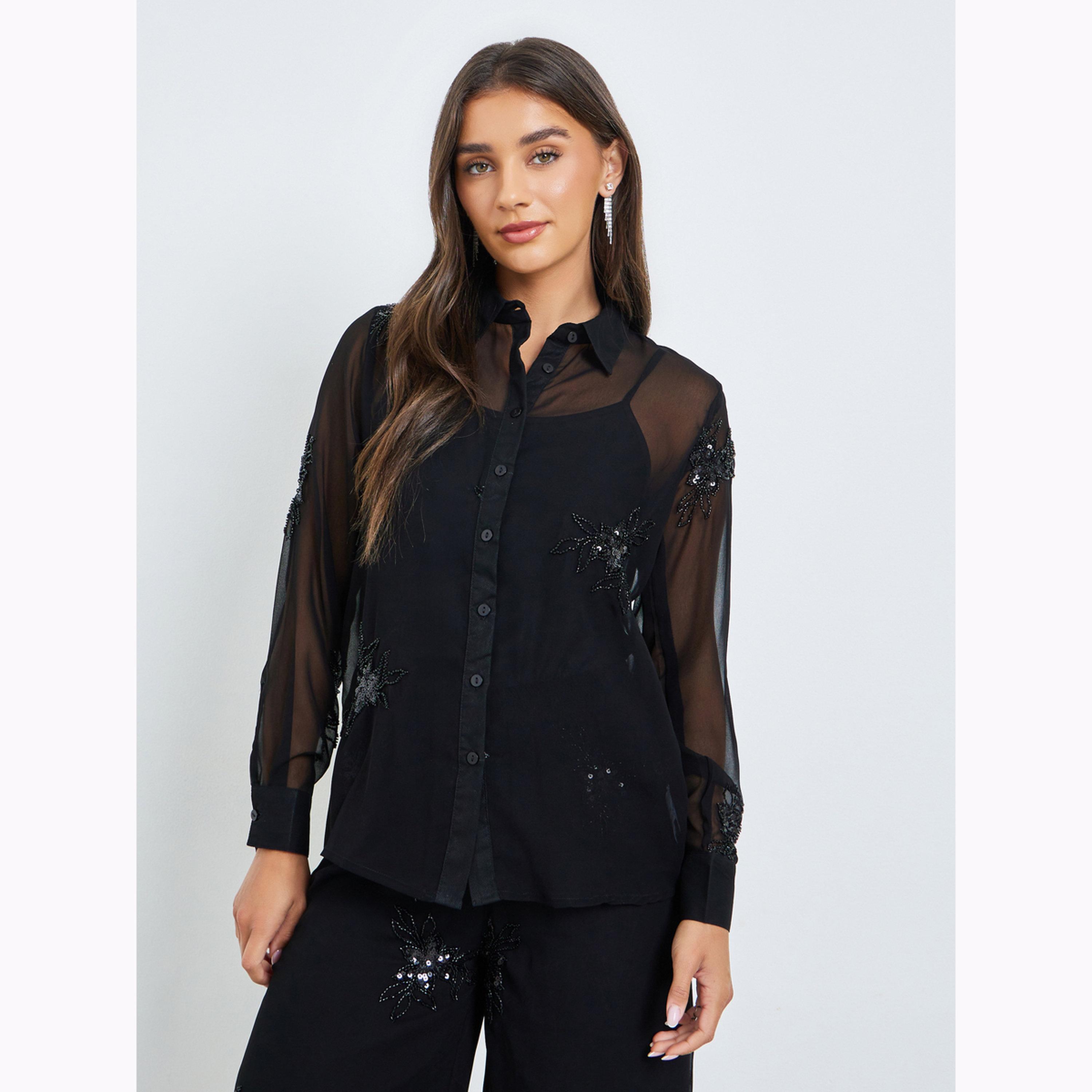 Styli Black Linen Oversized Shirt with Rhinestone-women-clothing-shirtsandblouses-shirts-image-1