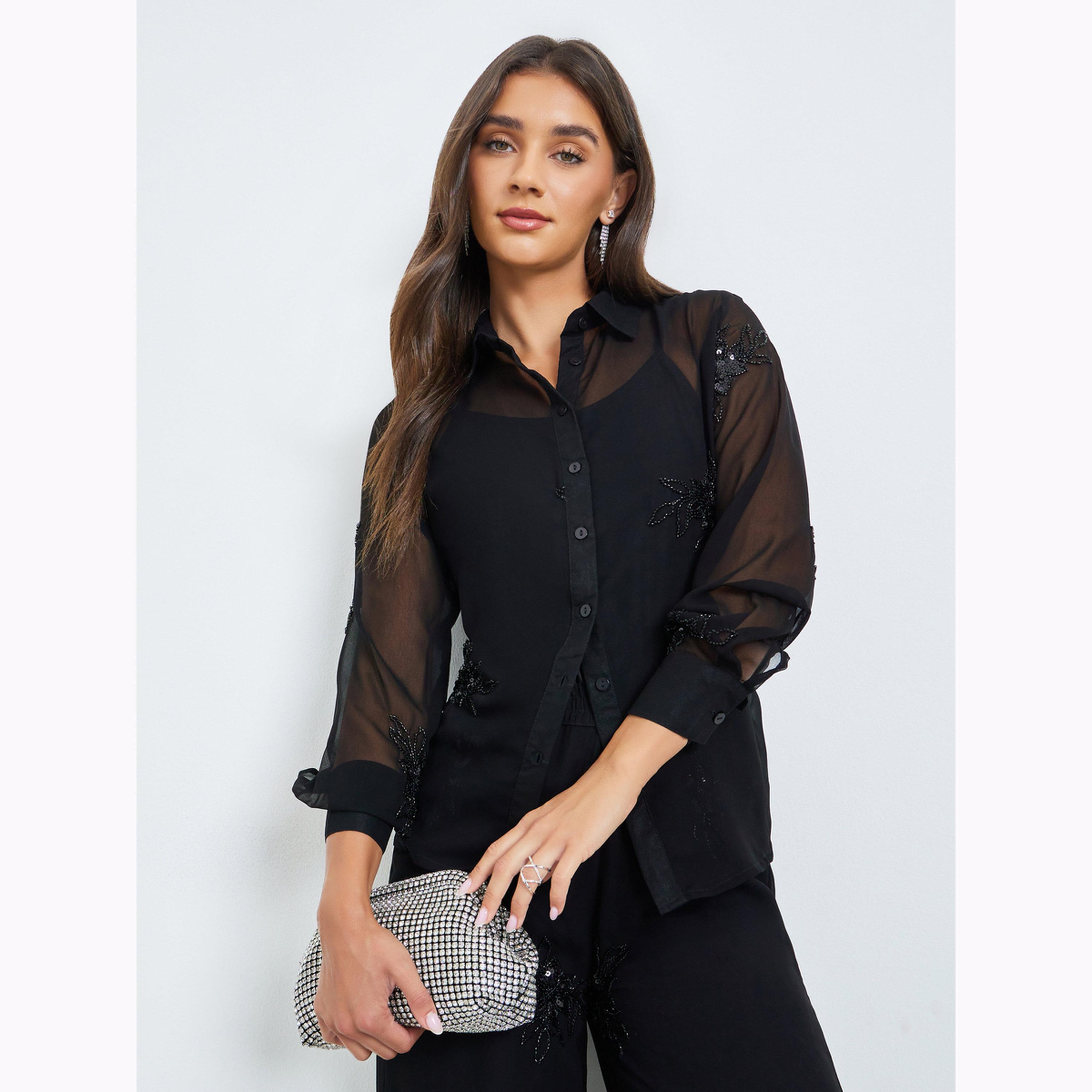Styli Black Linen Oversized Shirt with Rhinestone-women-clothing-shirtsandblouses-shirts-image-3