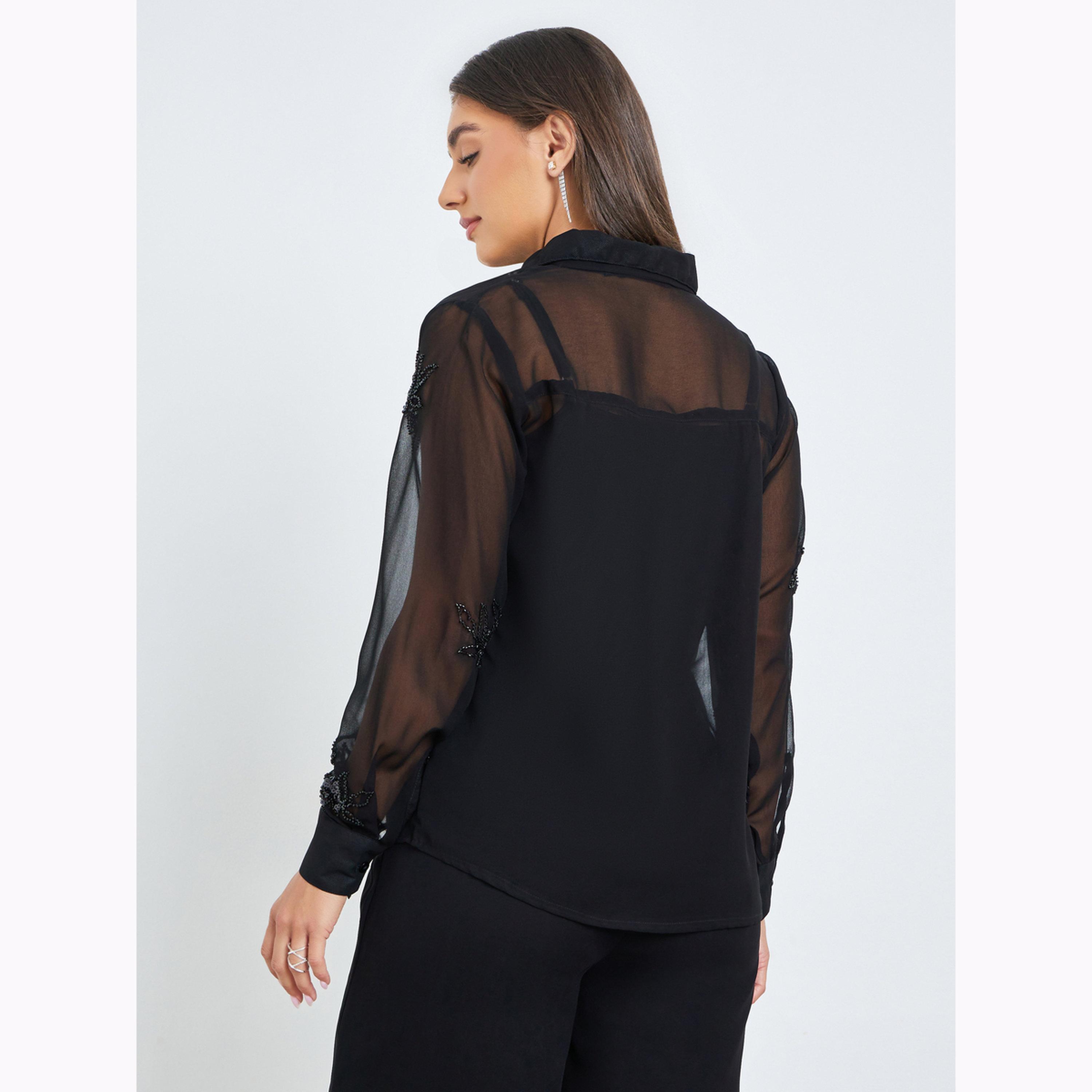 Styli Black Linen Oversized Shirt with Rhinestone-women-clothing-shirtsandblouses-shirts-image-4