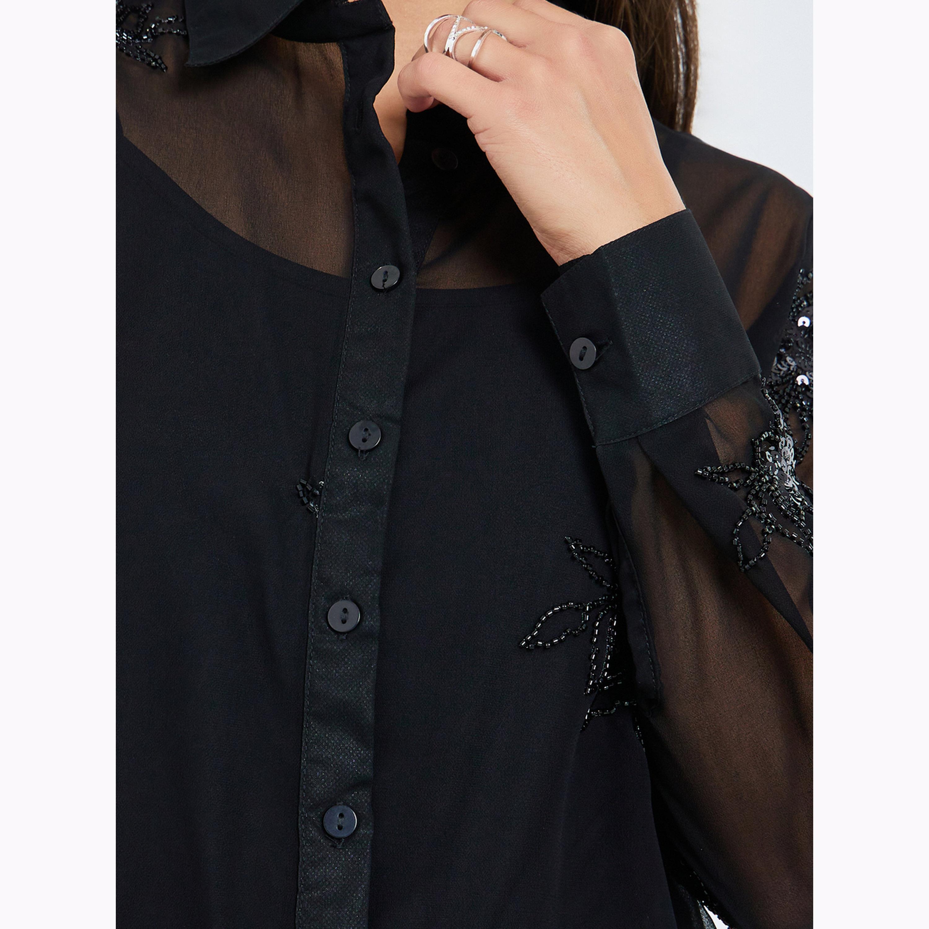 Styli Black Linen Oversized Shirt with Rhinestone-women-clothing-shirtsandblouses-shirts-image-6