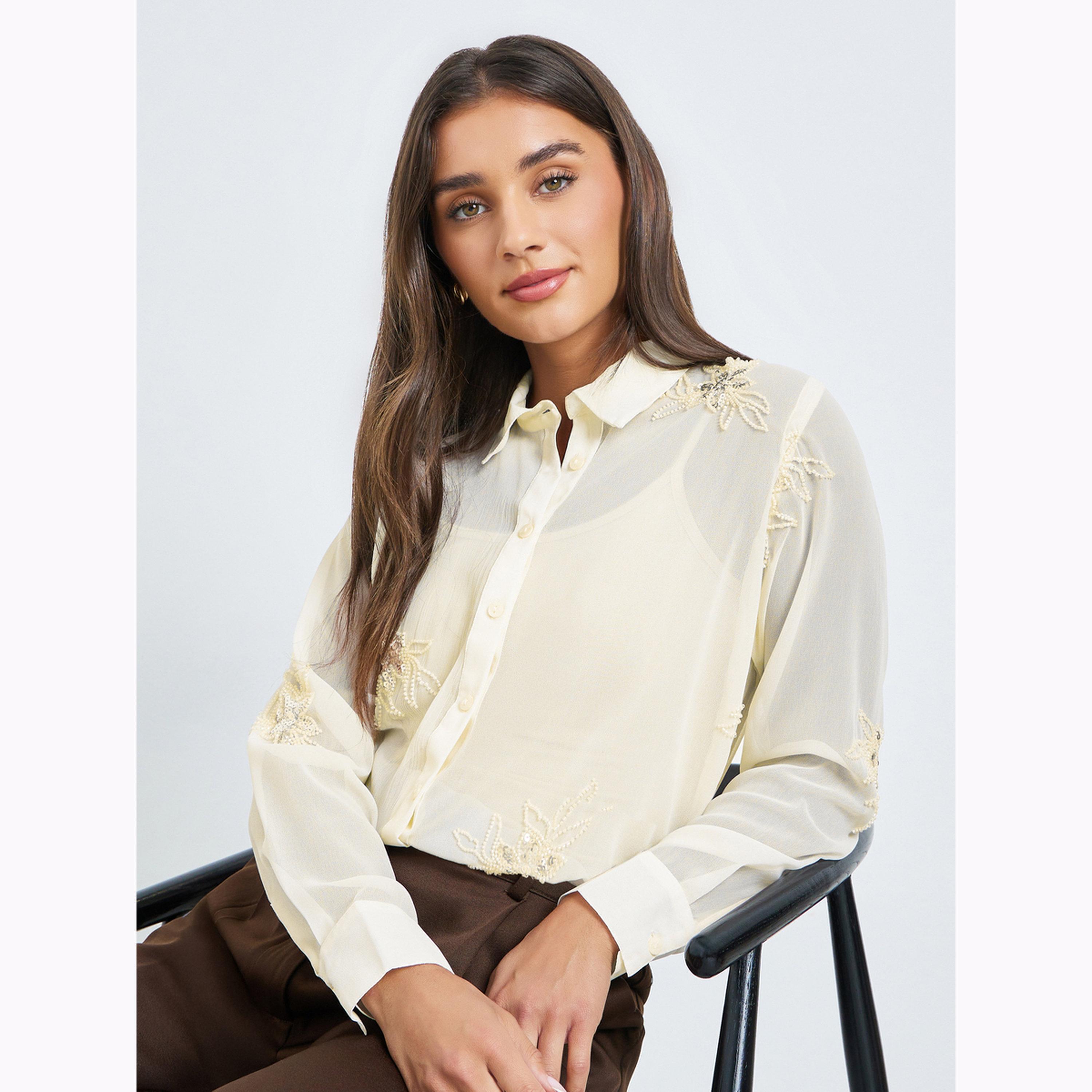 قميص بأكمام طويلة ومطرز لون أوف وايت-women-clothing-shirtsandblouses-shirts-image-3