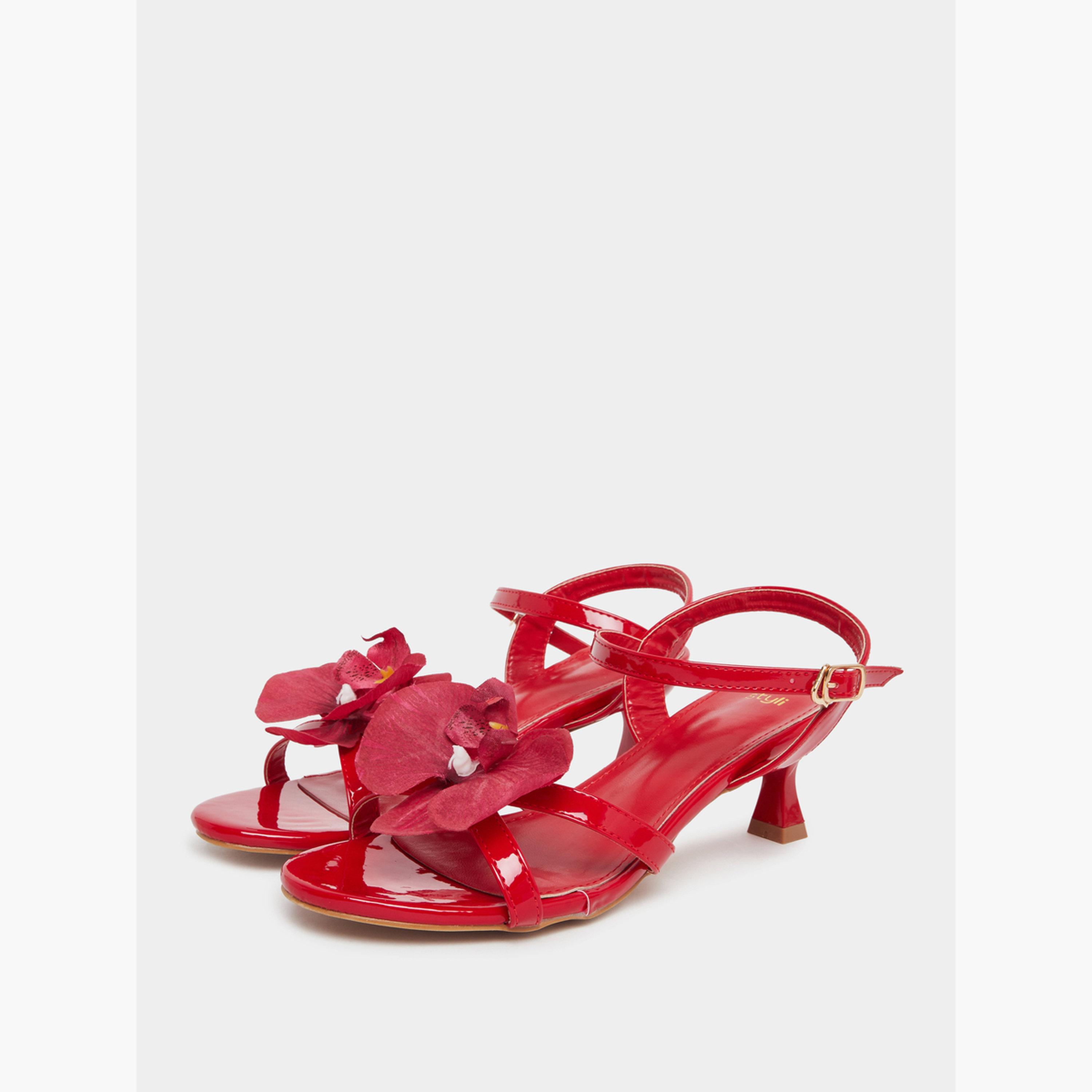 Styli Red Kitten Heel Sandals with Flower Detail-women-shoes-sandals-heeled-image-1