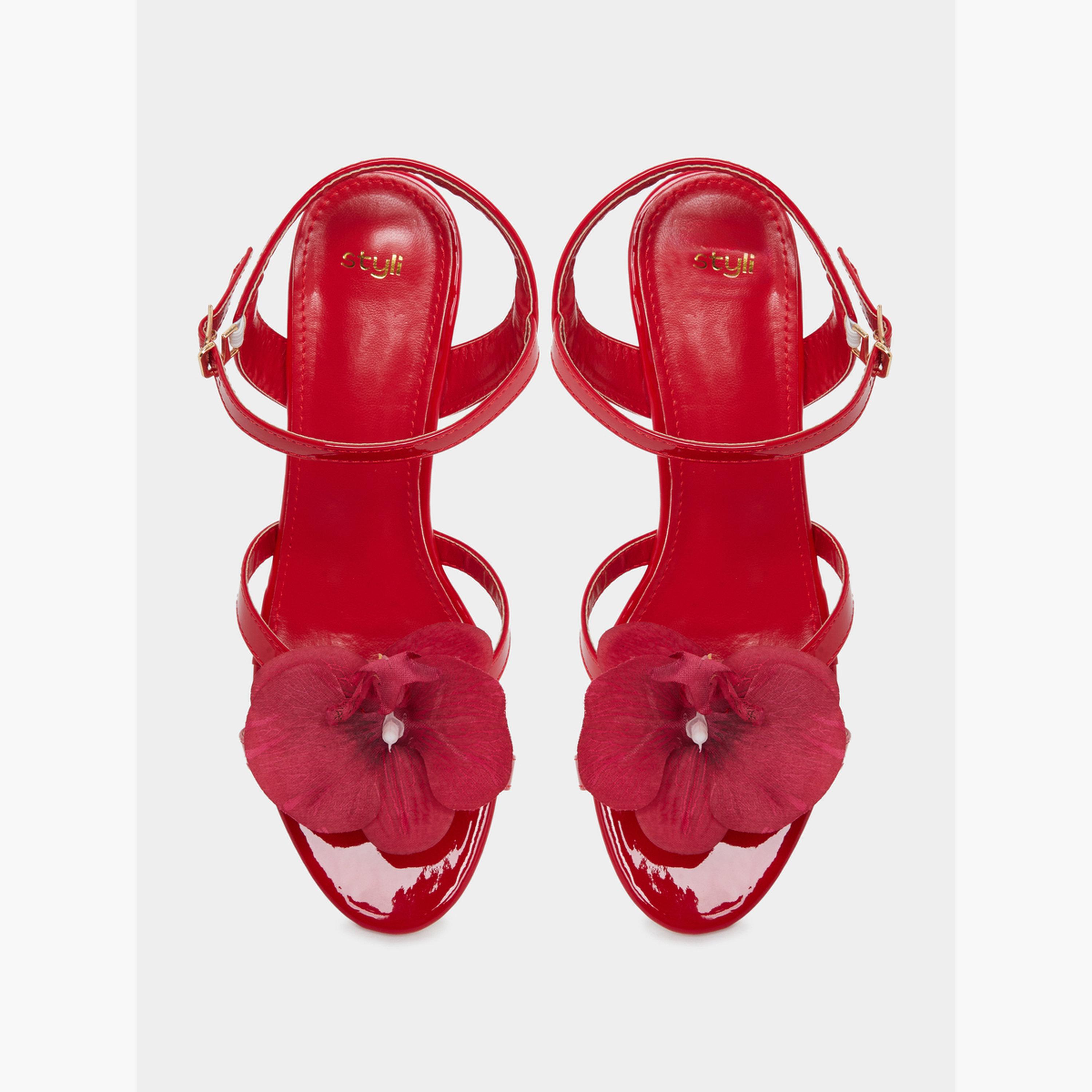 Styli Red Kitten Heel Sandals with Flower Detail-women-shoes-sandals-heeled-image-5