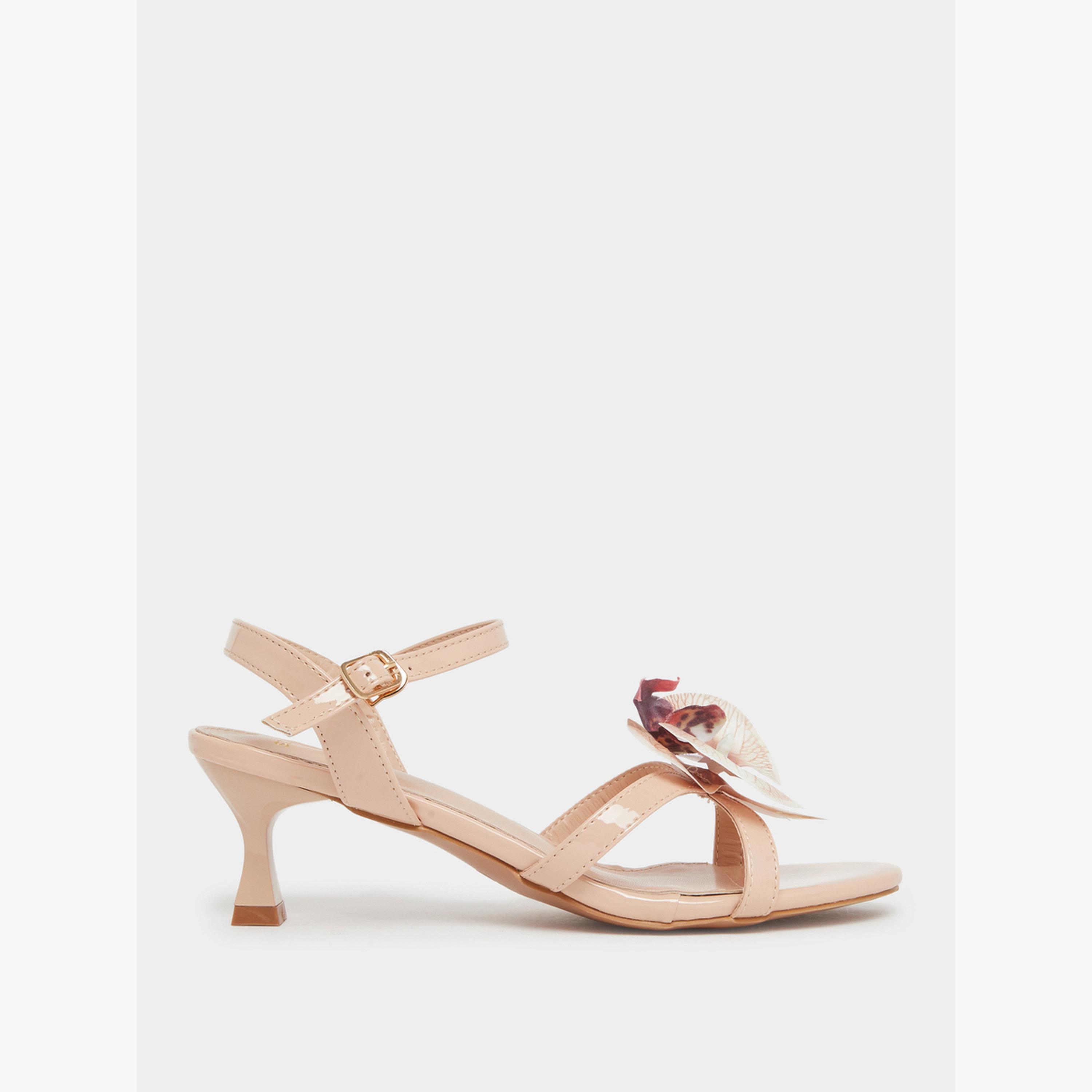 Styli Beige Kitten Heel Sandals with Flower Detail-women-shoes-sandals-heeled-image-2