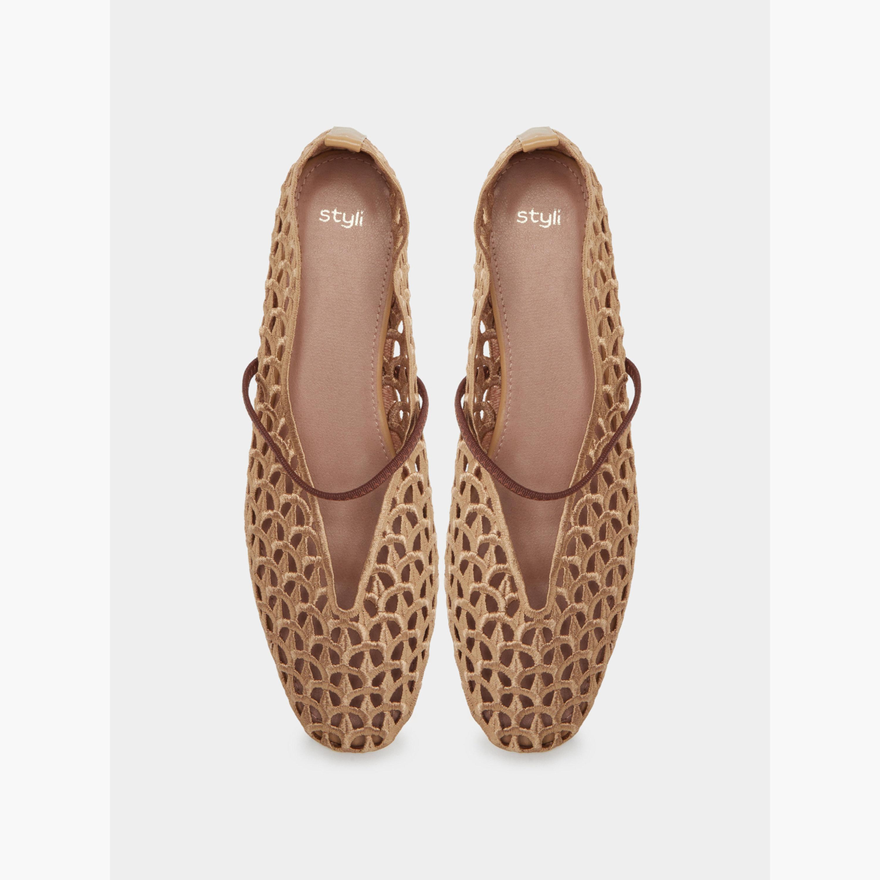 Styli Tan Mesh Mary Jane Flats-women-shoes-ballerinas-image-5
