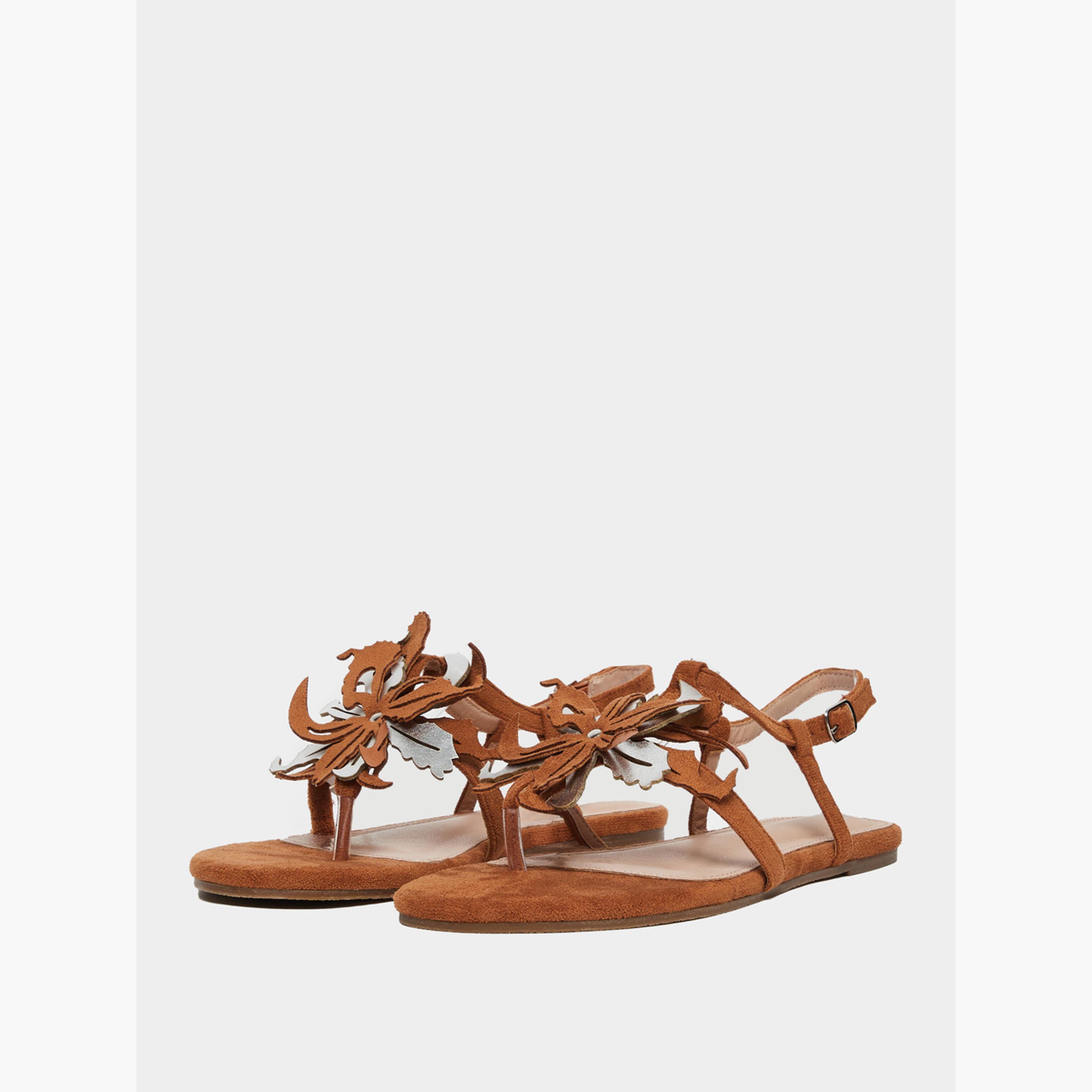 Styli Tan Flat Sandals with Floral Detail-women-shoes-sandals-flats-image-1