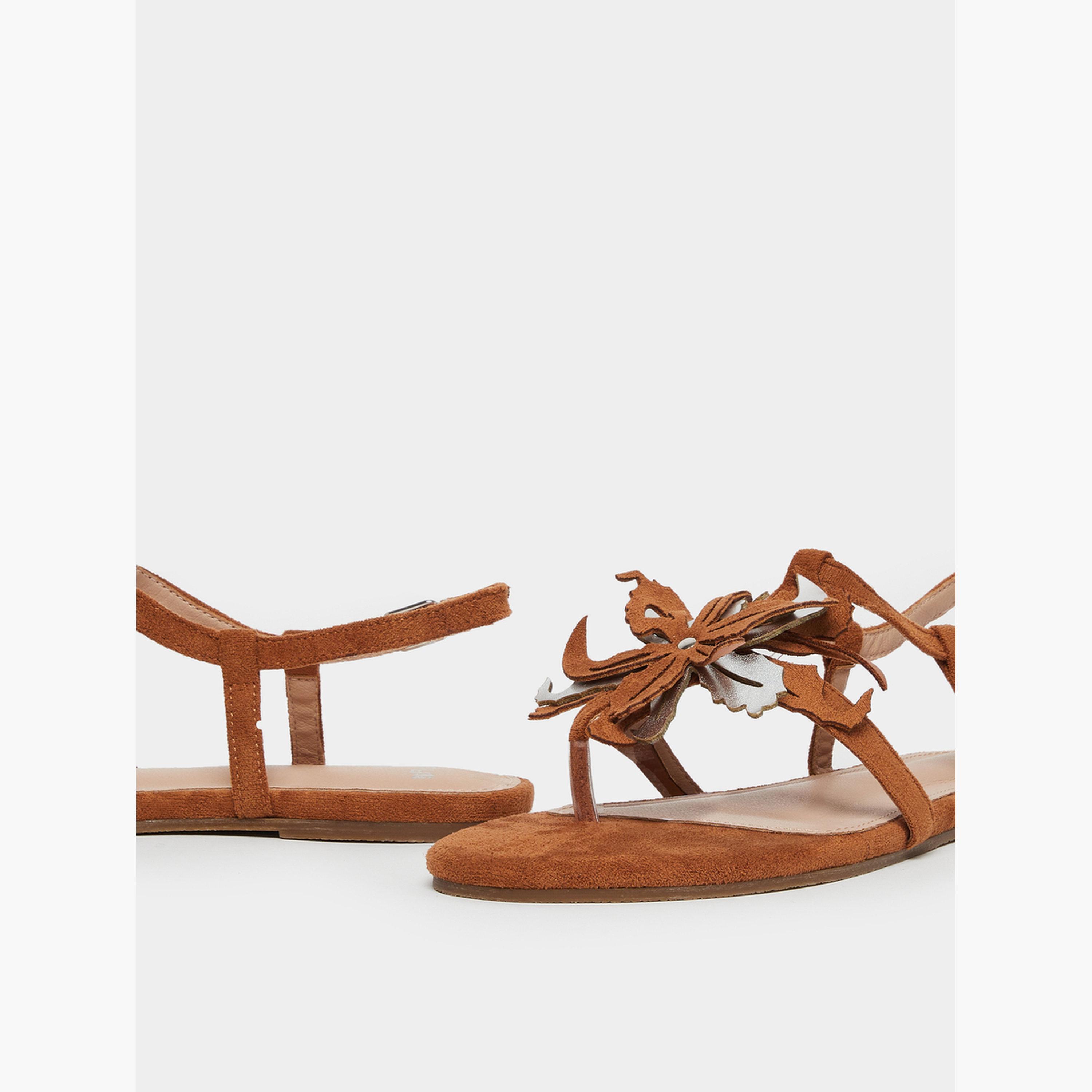 Styli Tan Flat Sandals with Floral Detail-women-shoes-sandals-flats-image-3