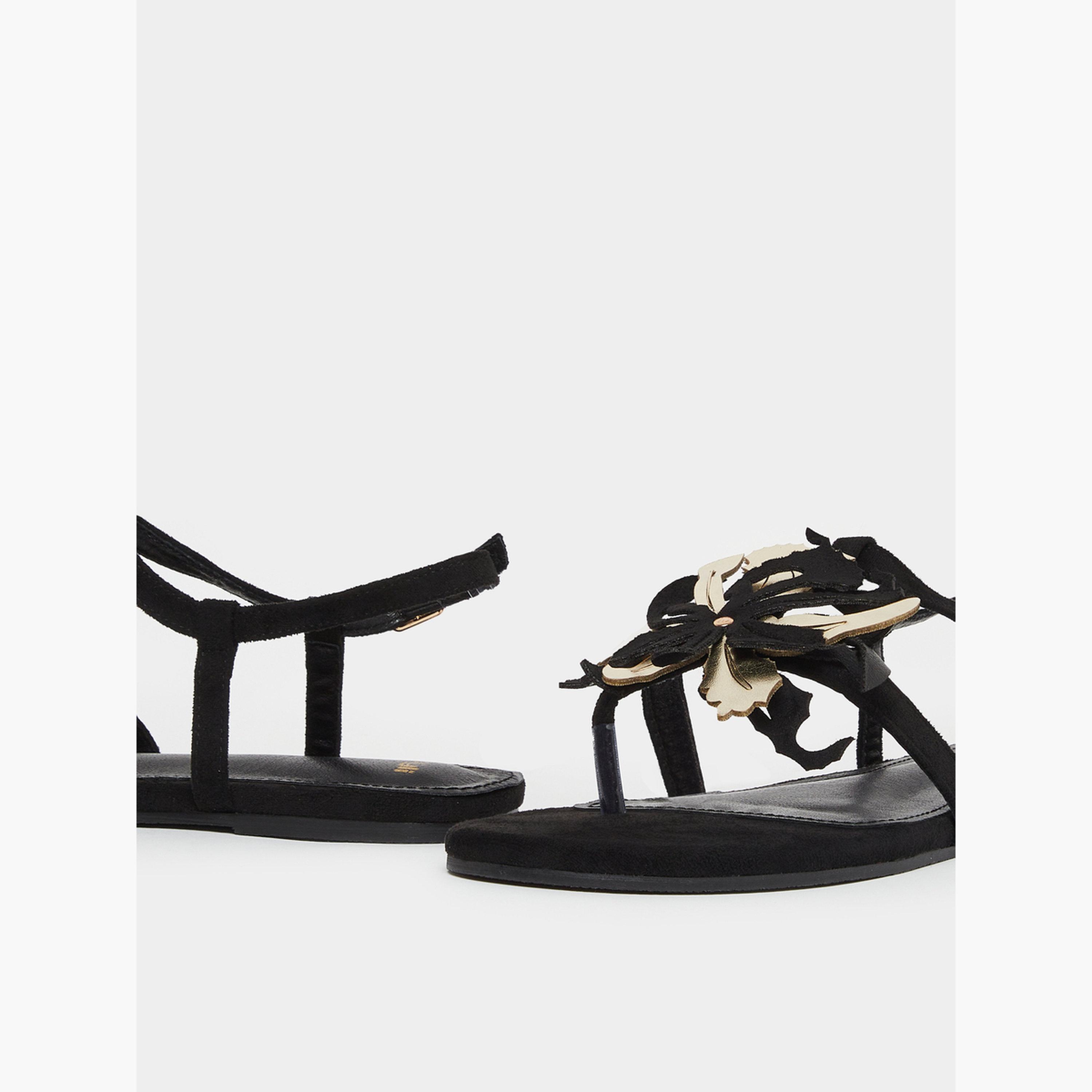 Styli Black Flat Sandals with Floral Detail-women-shoes-sandals-flats-image-3