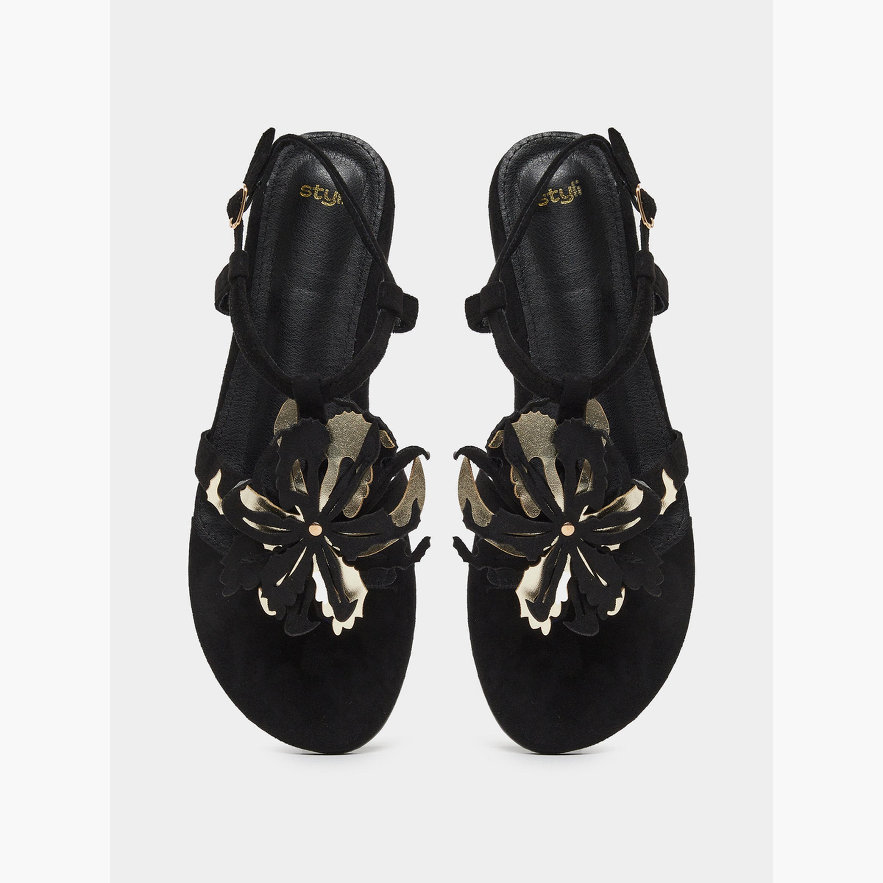 Styli Black Flat Sandals with Floral Detail-women-shoes-sandals-flats-image-5