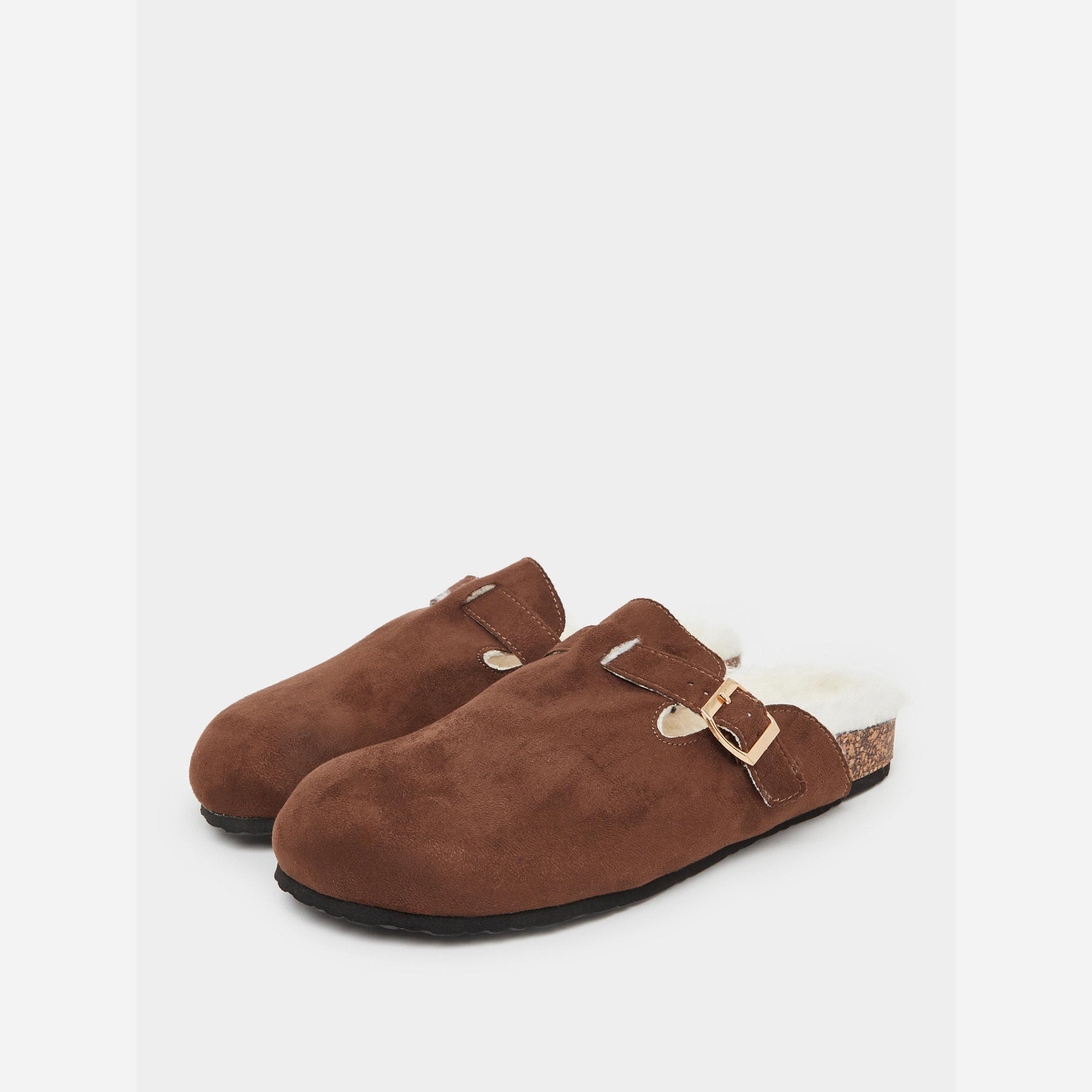 Styli Women Brown Faux Fur Lined Clogs-women-shoes-sandals-flats-image-1