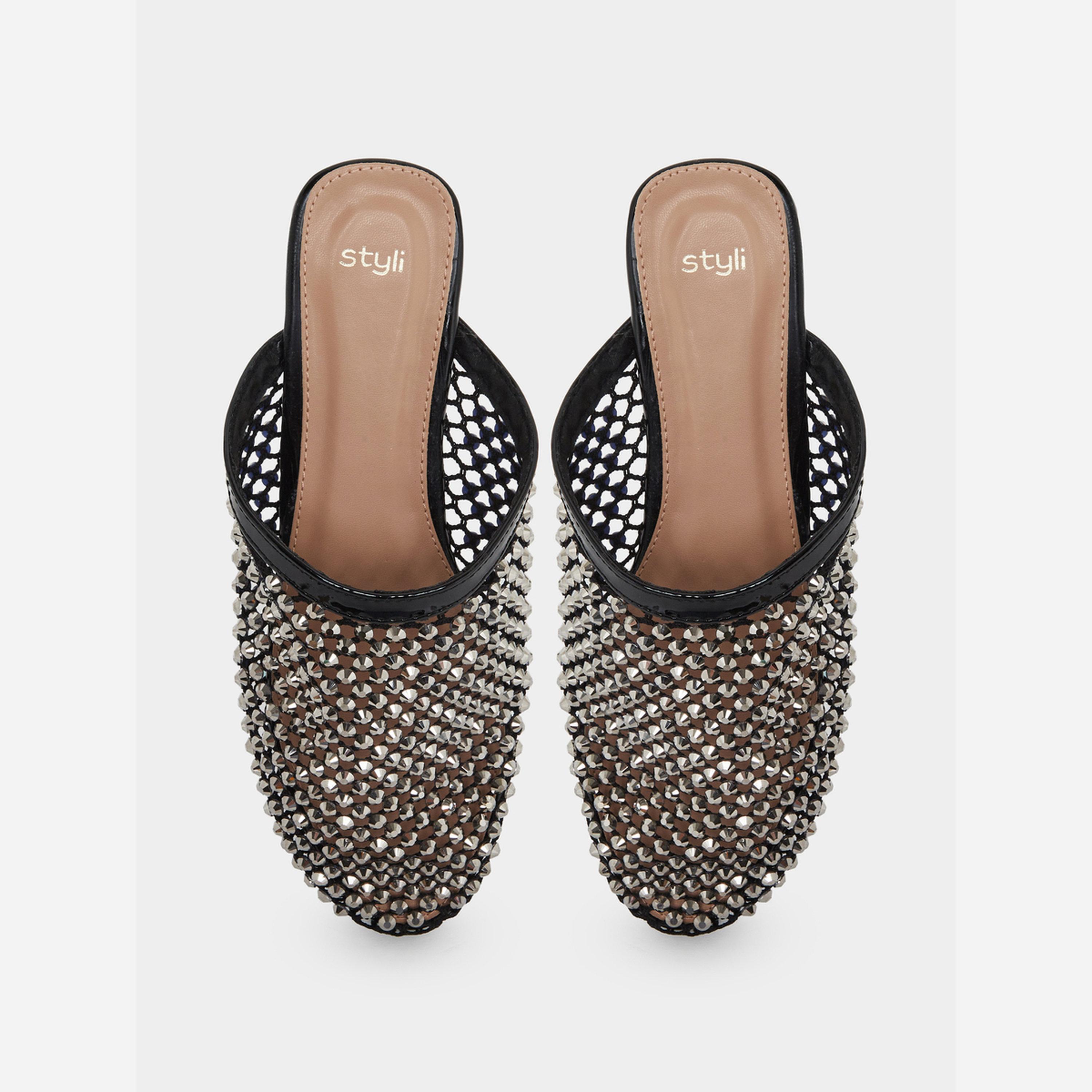 Styli Black Embellished Pointed Toe Mule-women-shoes-flats-mules-image-3