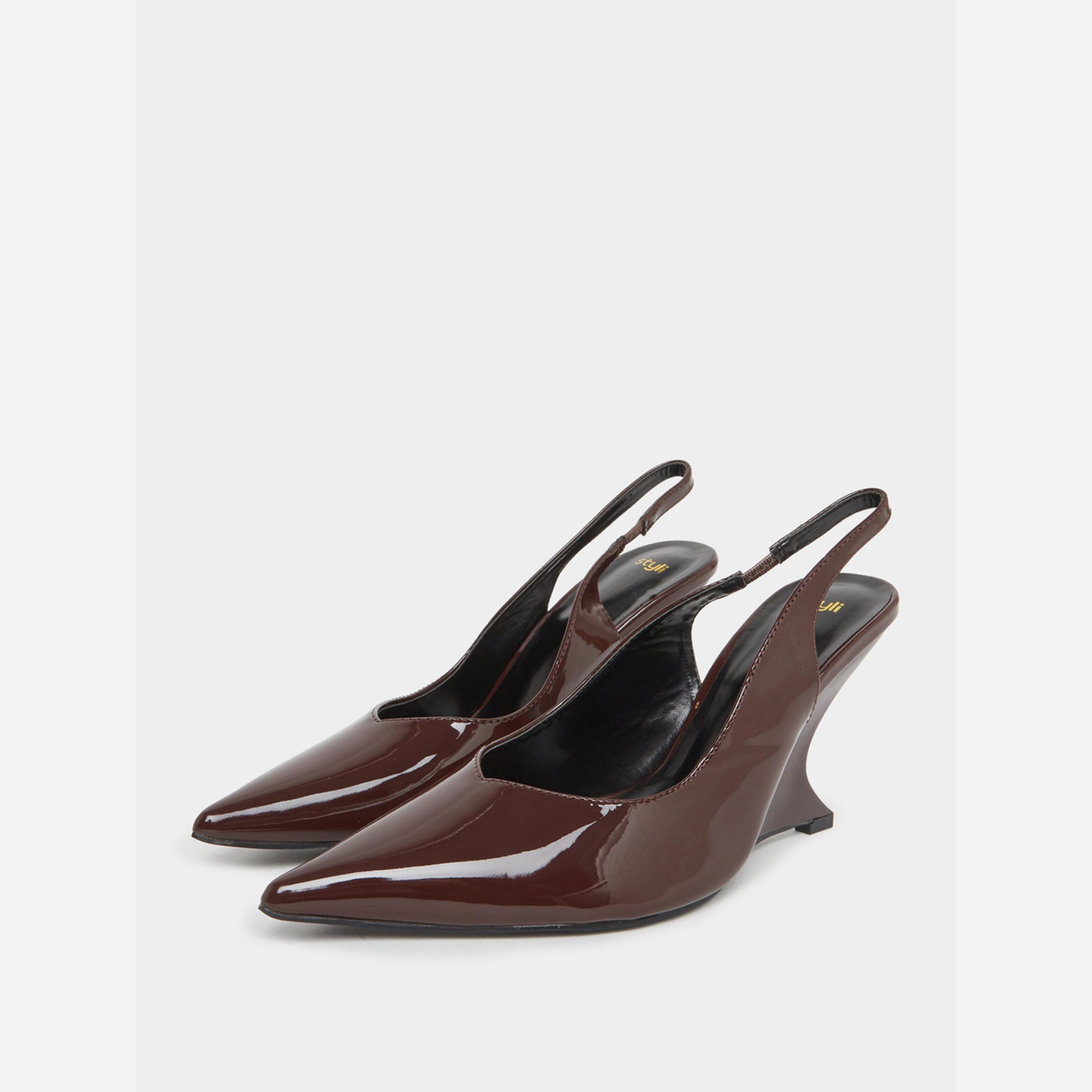 Styli Coffee Brown Pointed Toe Wedge Heel Shoes-women-shoes-sandals-heeled-image-1