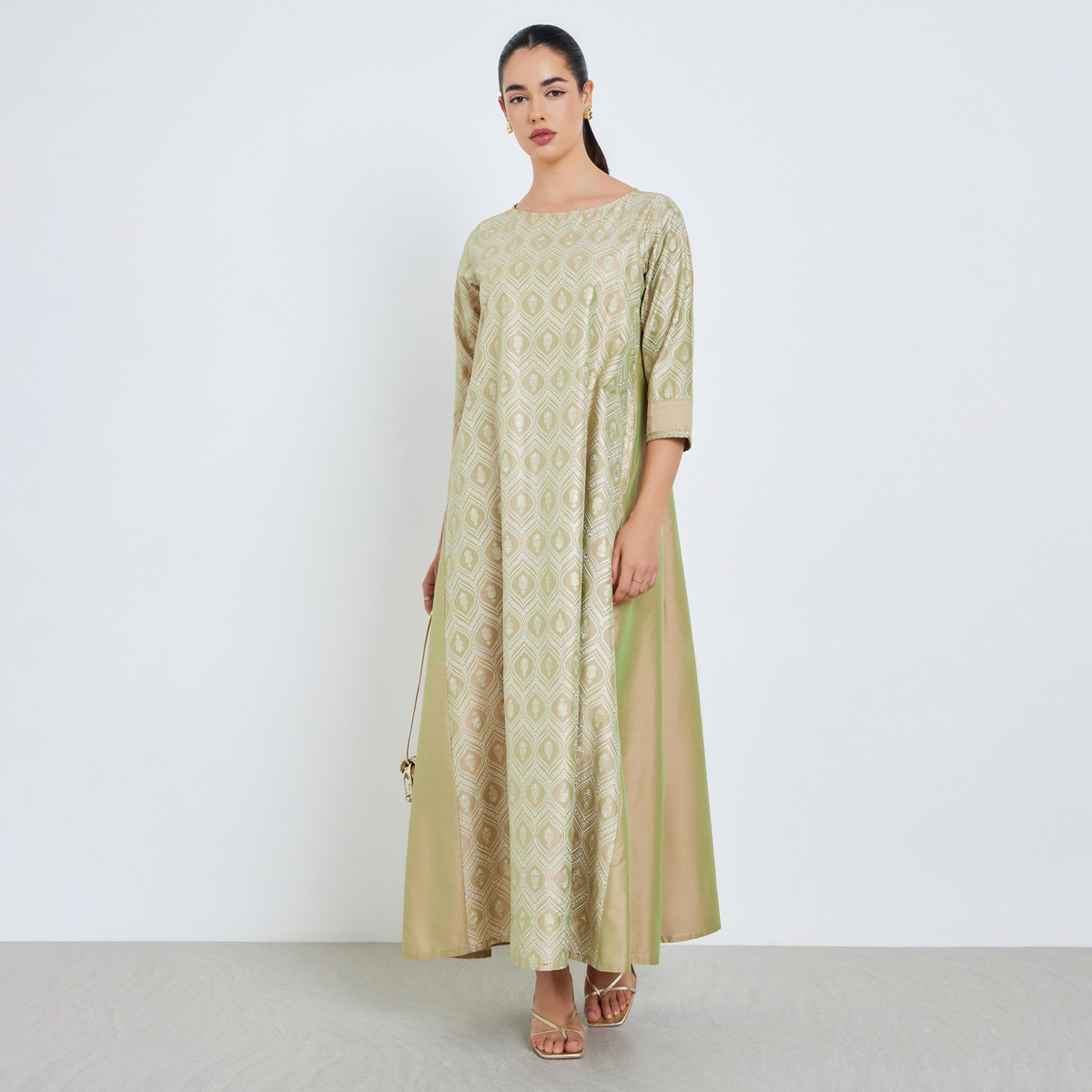 Styli Women Beige Foil Print A-Line Jalabiya-women-arabicclothing-jalabiyas-image-1