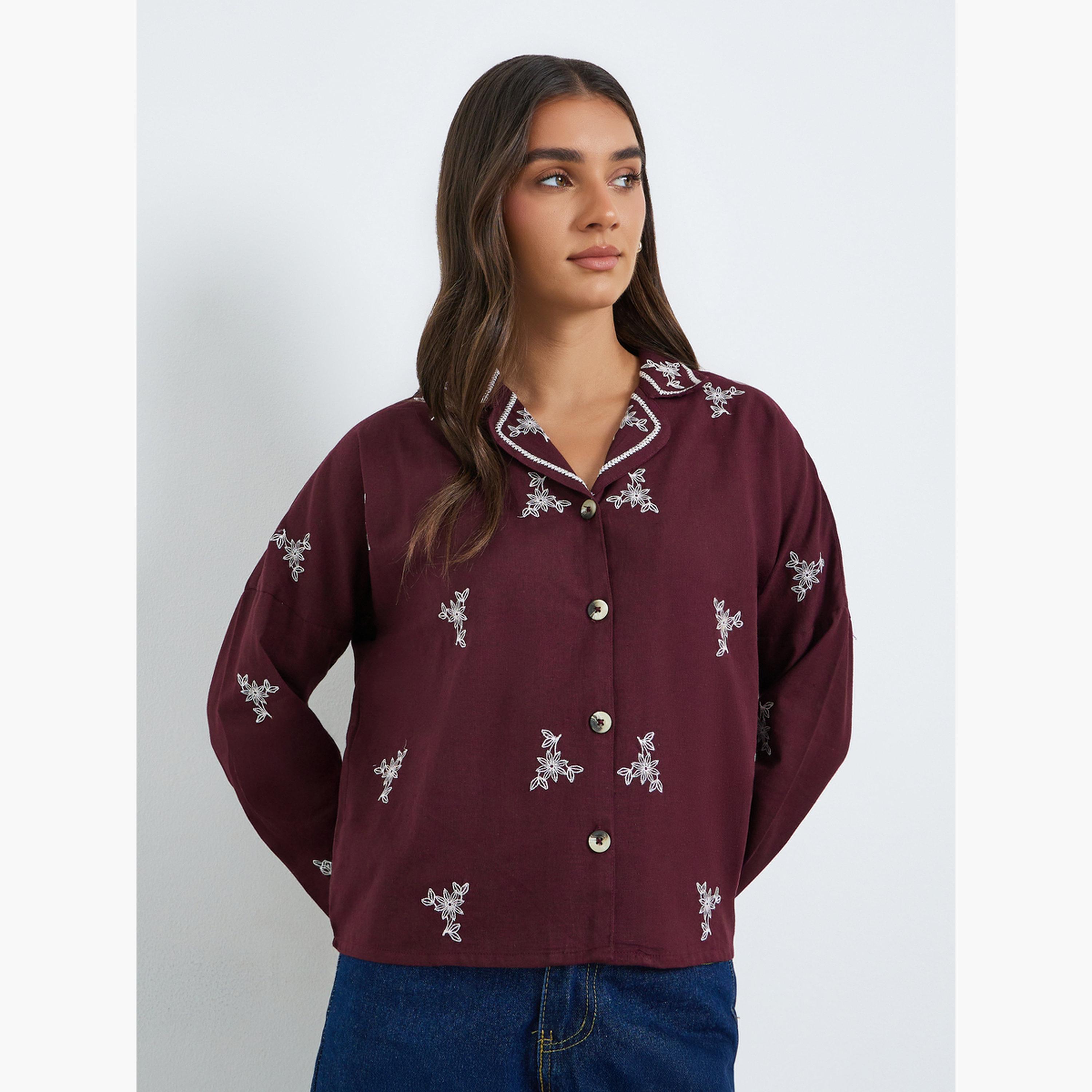 Styli Burgundy Embroidered Long Sleeve Shirt-women-clothing-shirtsandblouses-shirts-image-1